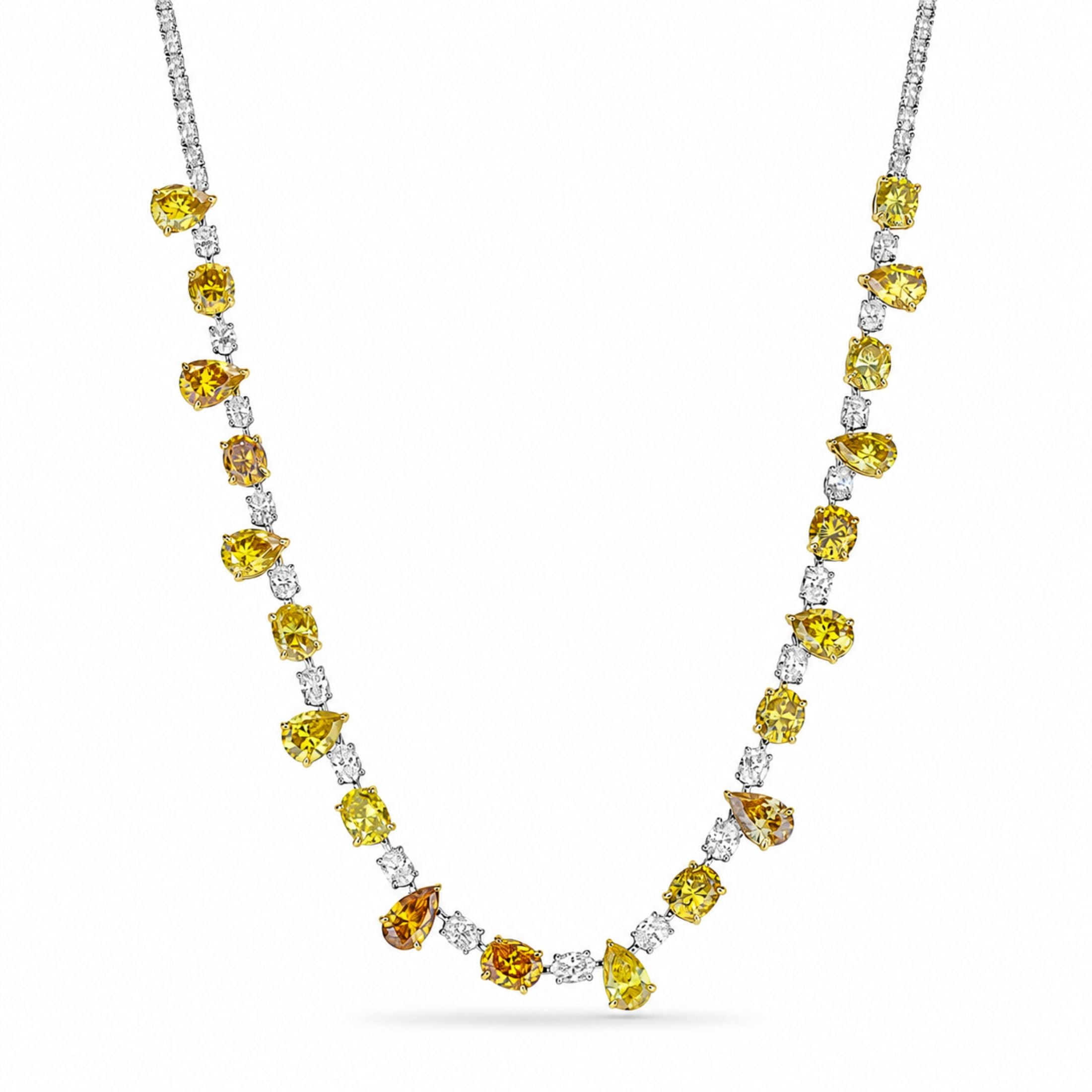 Yuna 34.06 carat yellow and white diamond necklace in 18K white gold with pear, cushion, oval, and marquise cuts