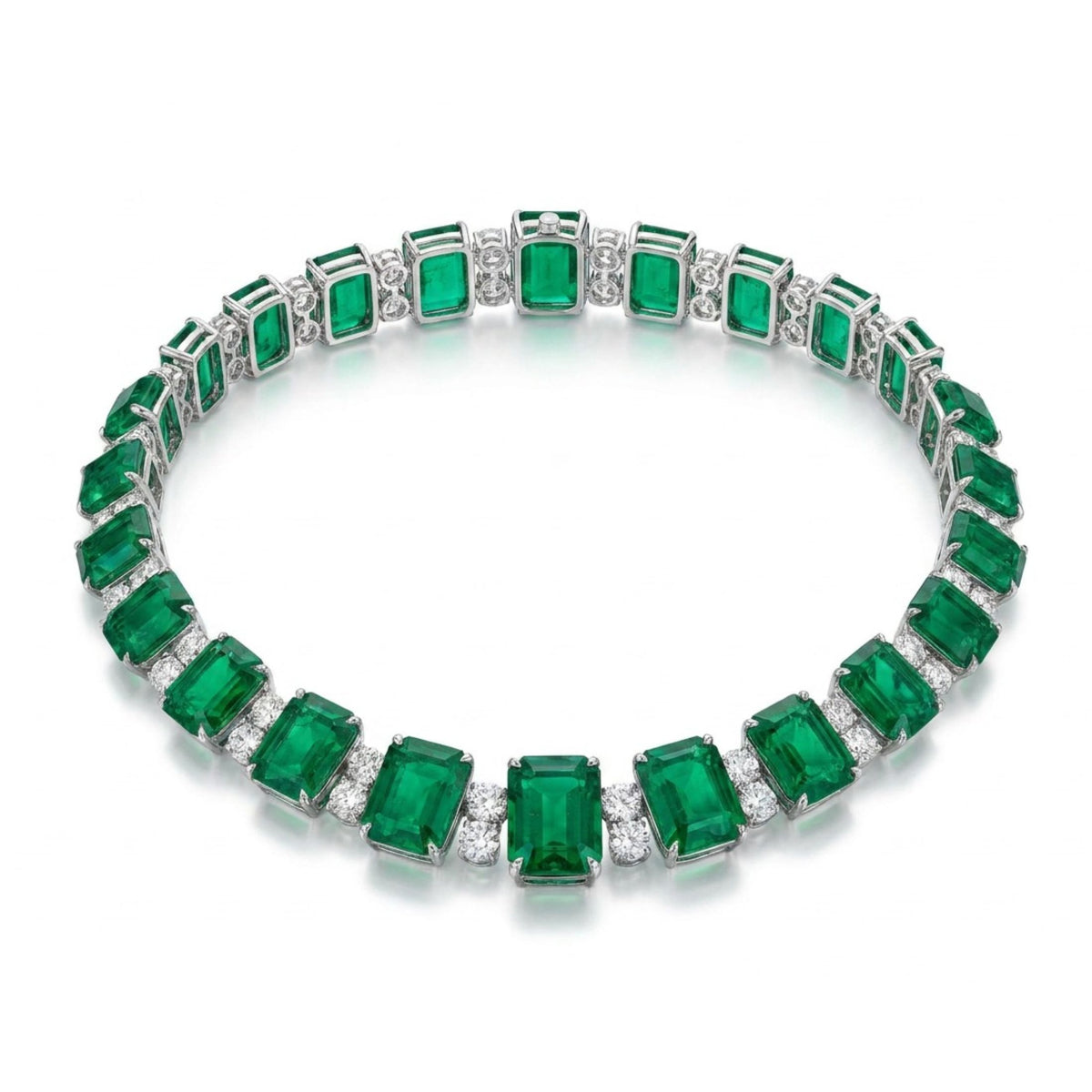 Leviev Zambezi emerald and diamond graduated necklace with emerald-cut green stones