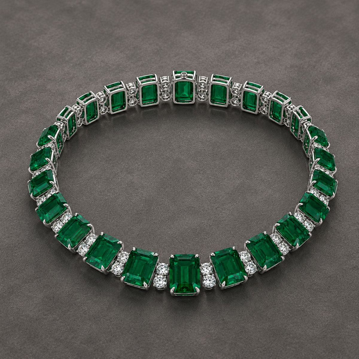 Leviev statement necklace featuring vivid Zambian emeralds and diamonds in white metal