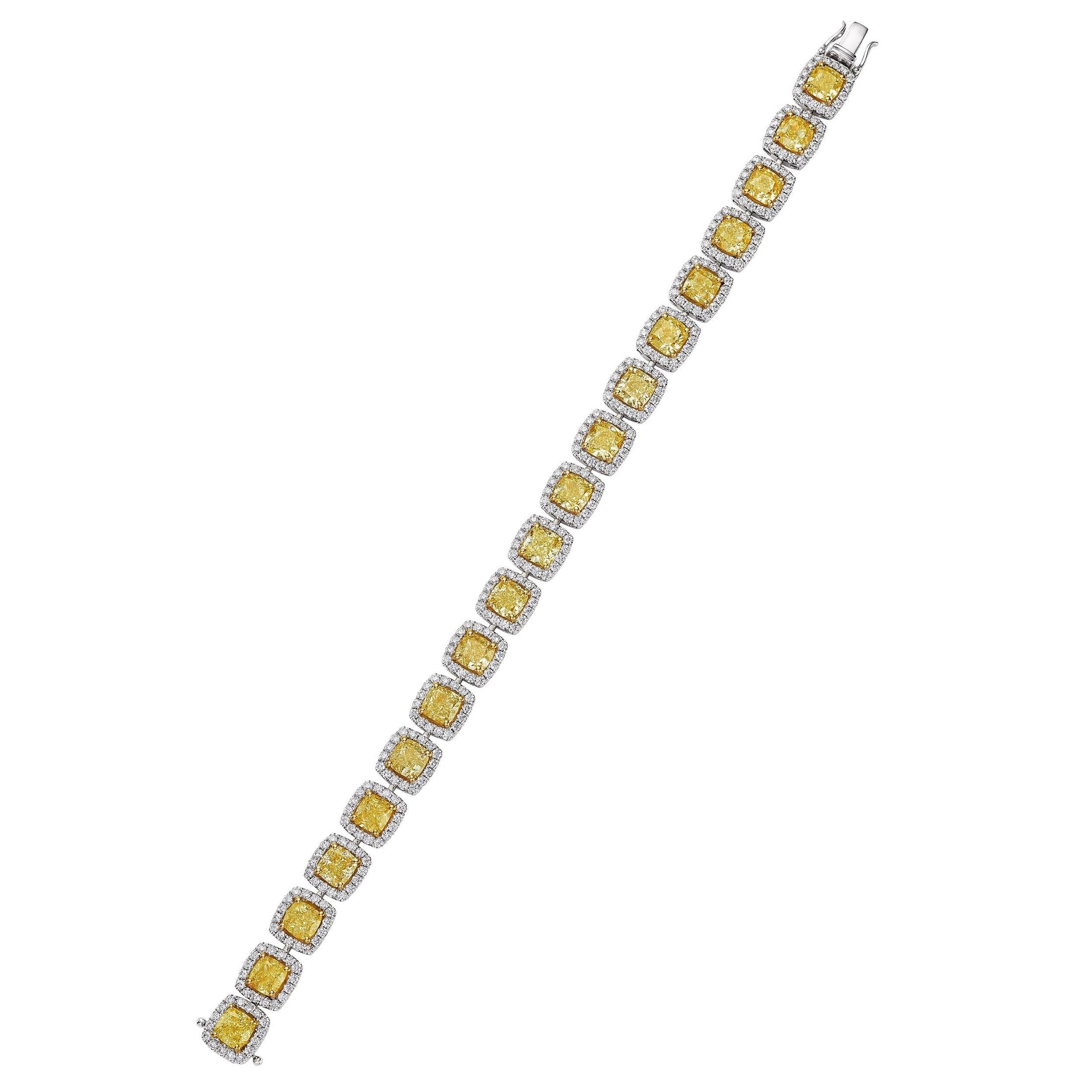 Zorelle 23.40 Carat Fancy Yellow Cushion Diamond Station Halo Bracelet in 18K White Gold Leviev Bracelets Bracelet, Bracelets, Color Diamond, Cushion, High Jewelry, Leviev Leviev 