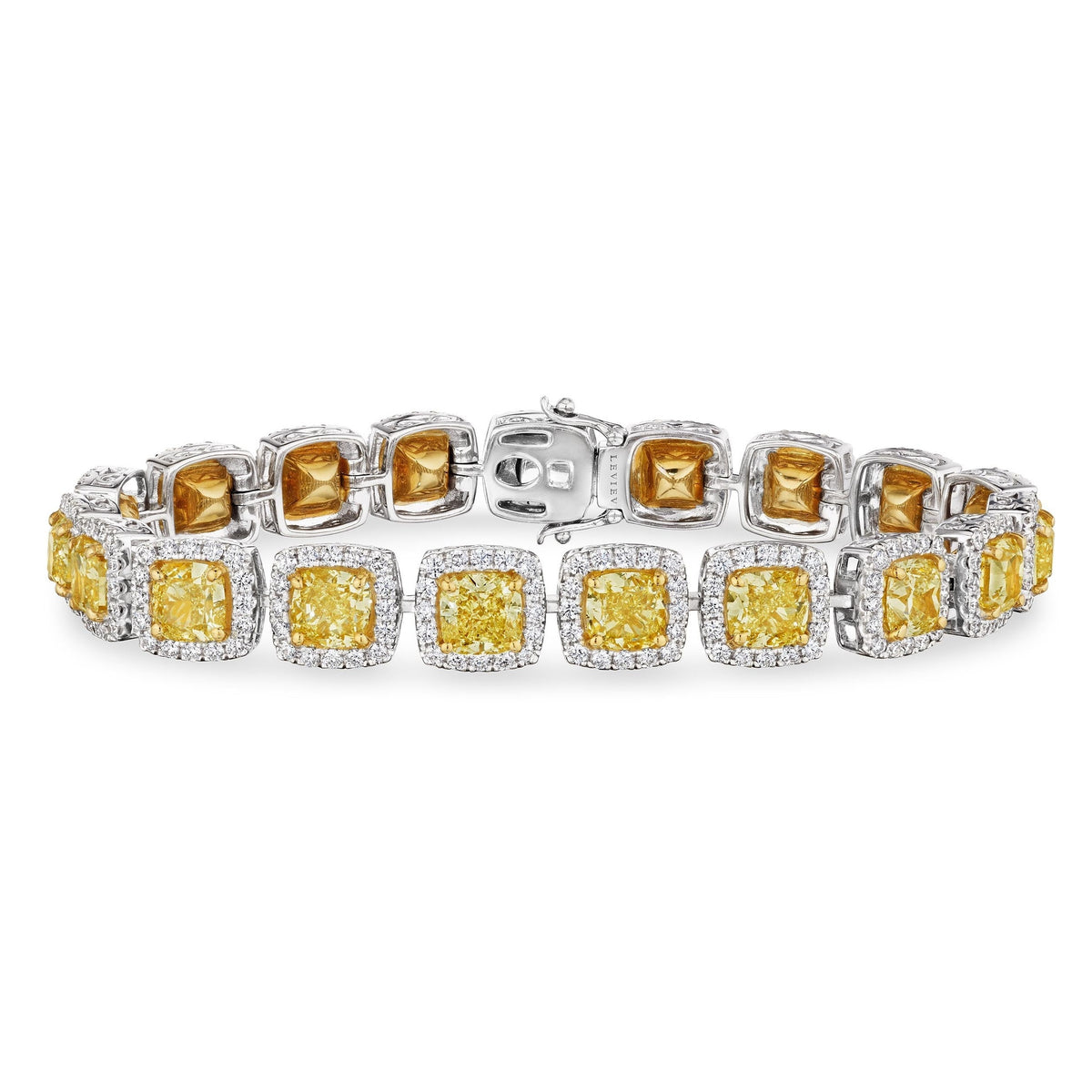 Zorelle 23.40 Carat Fancy Yellow Cushion Diamond Station Halo Bracelet in 18K White Gold Leviev Bracelets Bracelet, Bracelets, Color Diamond, Cushion, High Jewelry, Leviev Leviev 