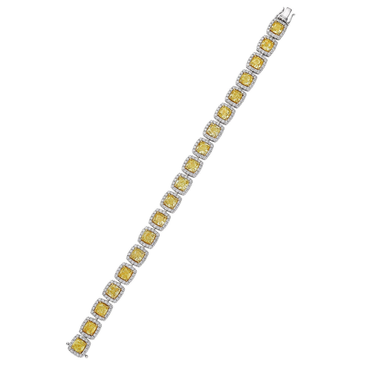 Zorelle 23.40 Carat Fancy Yellow Cushion Diamond Station Halo Bracelet in 18K White Gold Leviev Bracelets Bracelet, Bracelets, Color Diamond, Cushion, High Jewelry, Leviev Leviev 