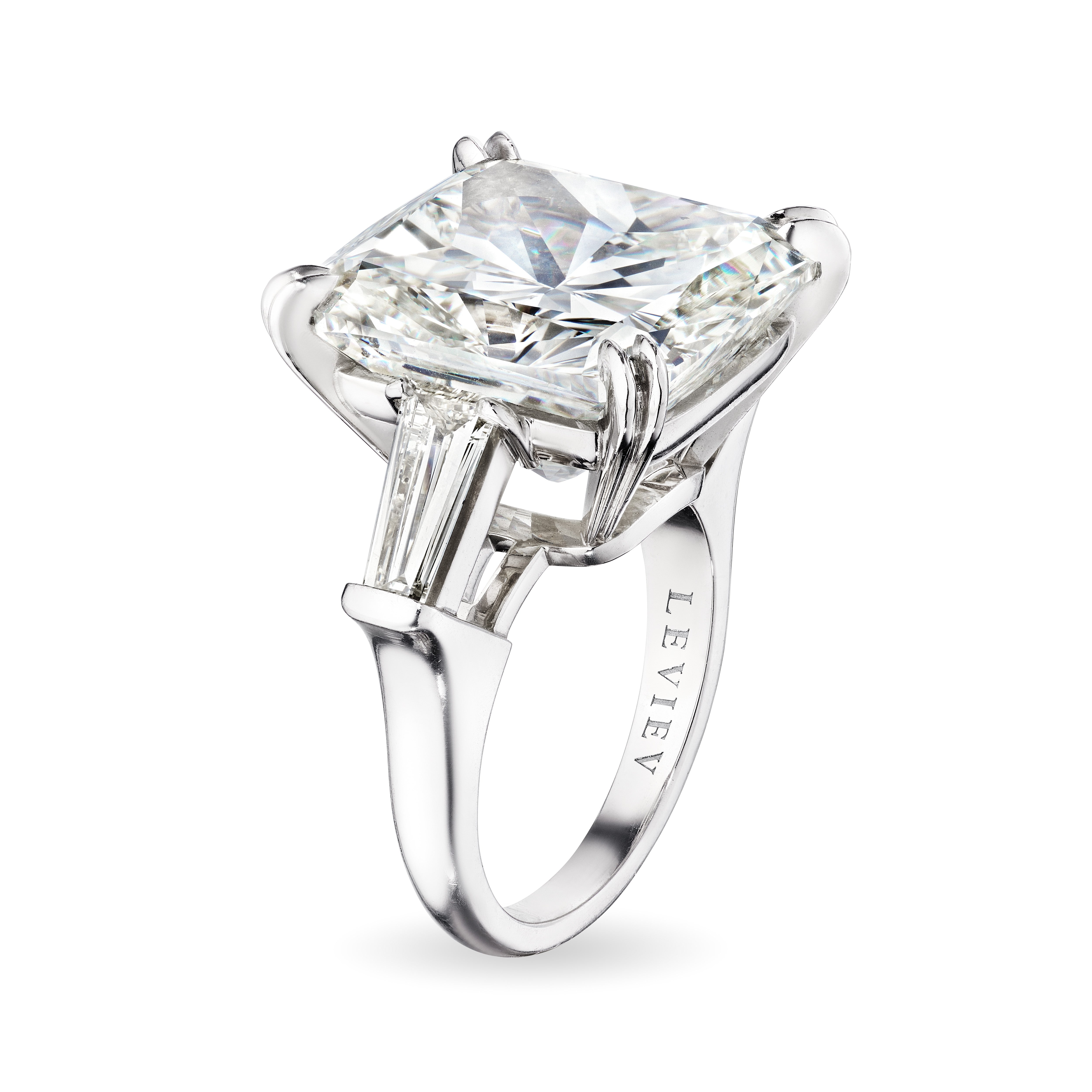 Cushion Cut Diamond Ring with Tapered Baguettes, 15 CT - Rings - Leviev Diamonds