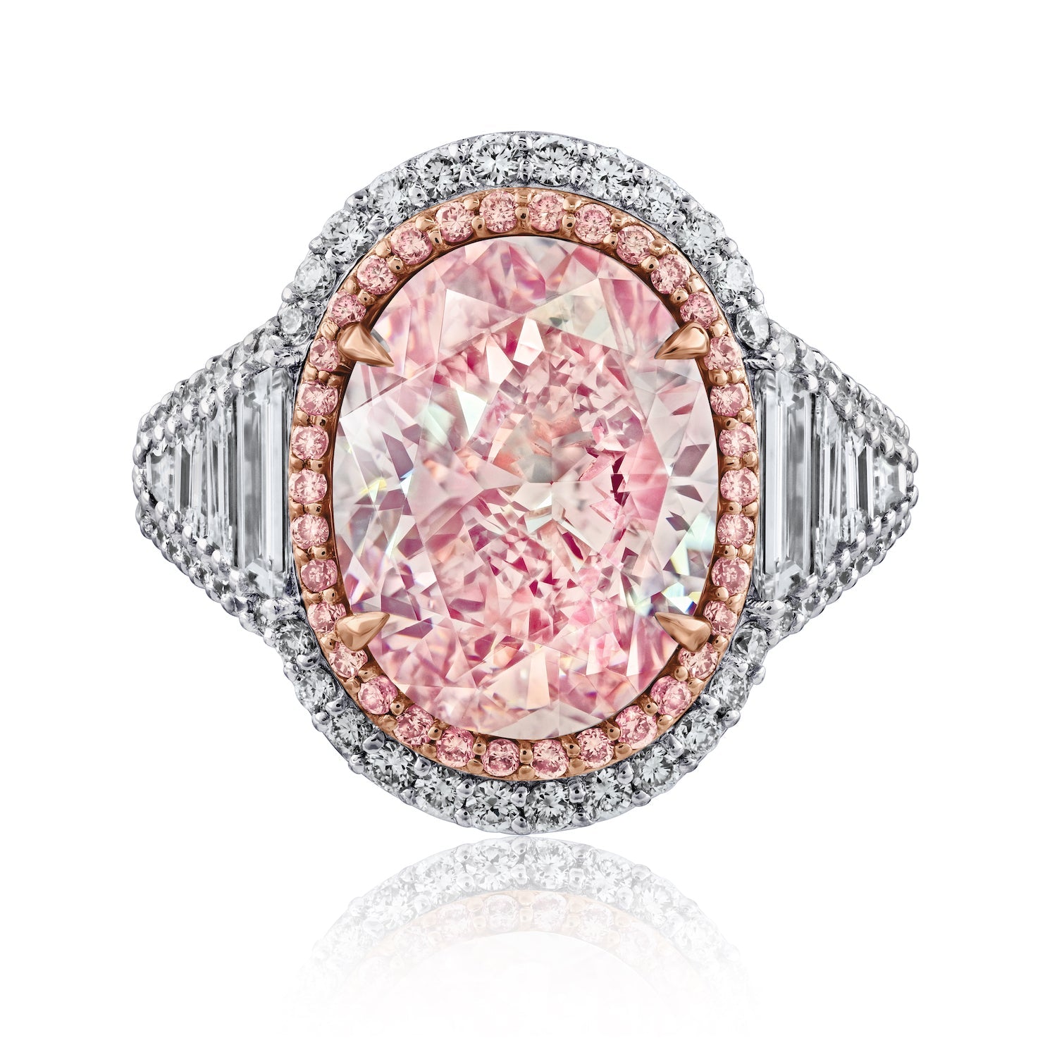 Fancy Pink Oval Cut Diamond Ring with Tapered Baguettes, 5 CT - Rings - Leviev Diamonds