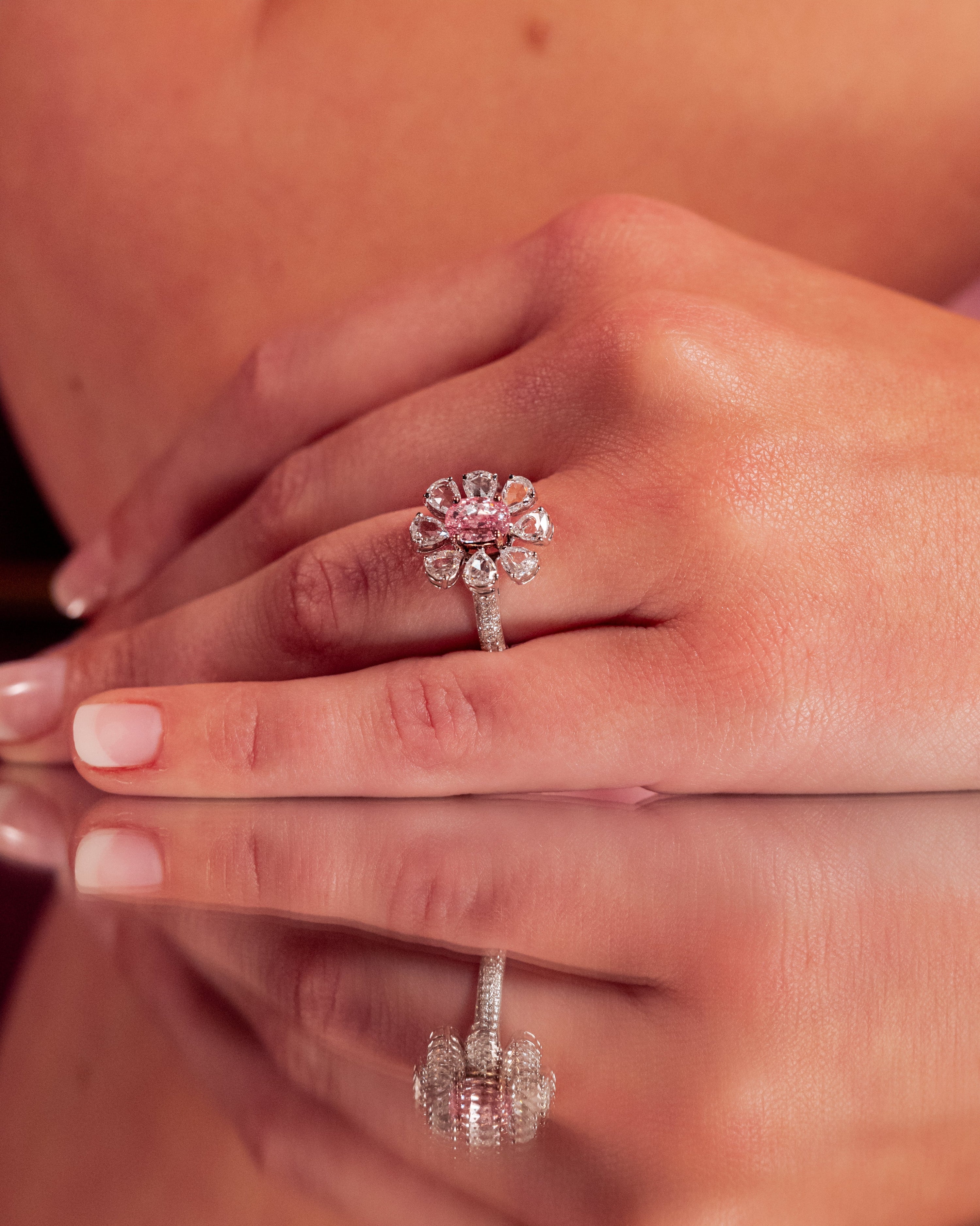 Pink Oval Cluster Diamond Flower Ring - Rings - Leviev