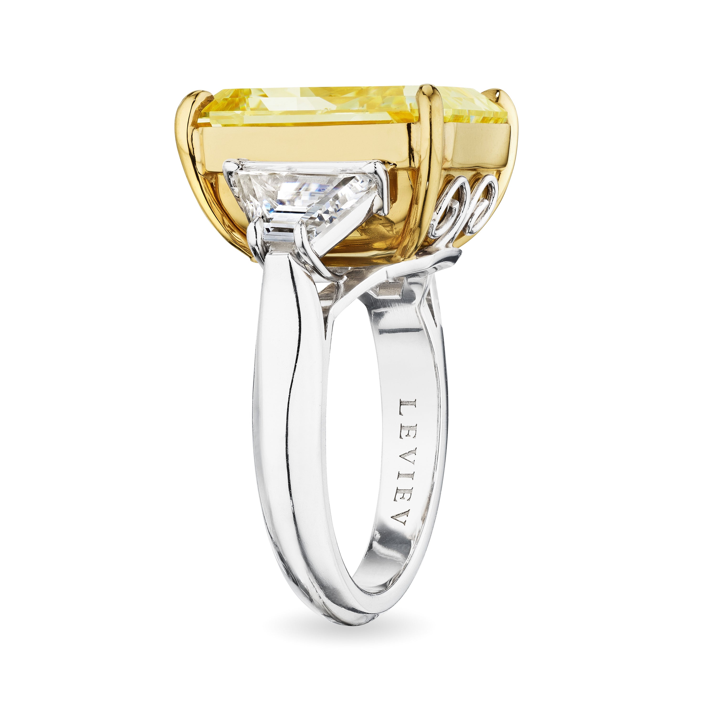 Radiant Cut Fancy Yellow Diamond Ring with Trapezoids, 14 CT - Rings - Leviev Diamonds