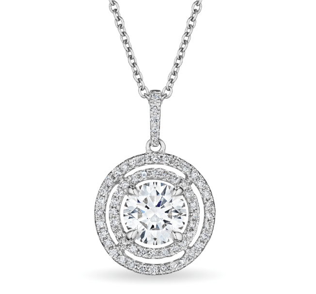 Round Cut Diamond Pendant with Double Halo, 2 CT - Necklaces - Leviev Diamonds