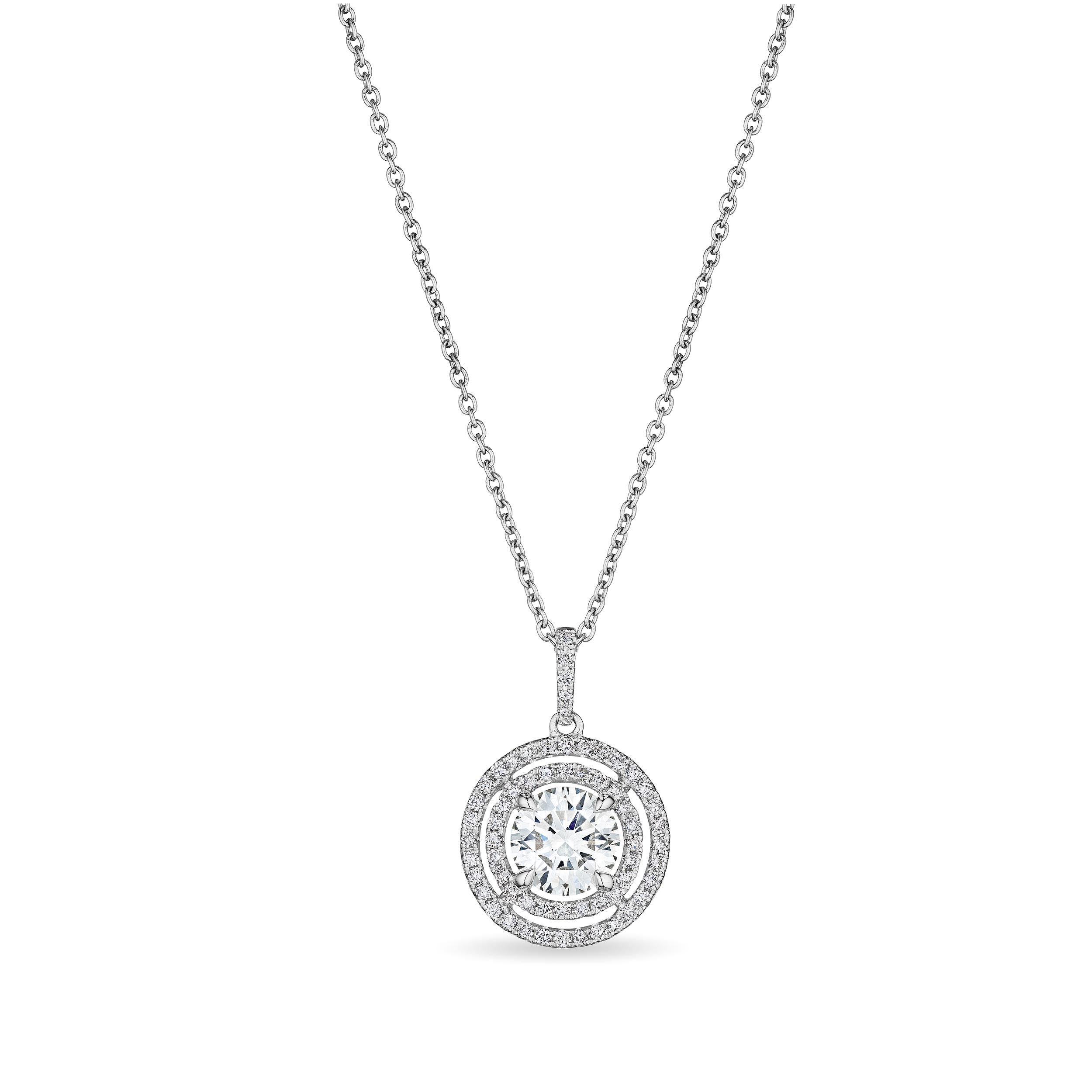 Round Cut Diamond Pendant with Double Halo, 2 CT - Necklaces - Leviev Diamonds