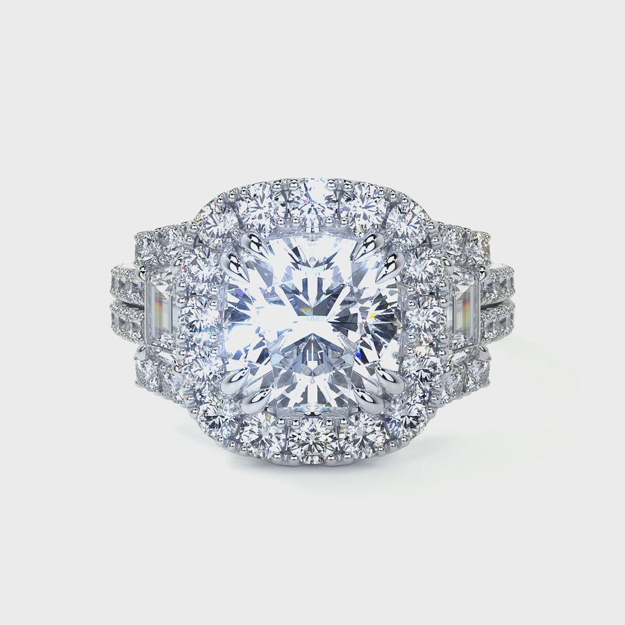 Cushion Cut 3 Stone Diamond Ring with Pave