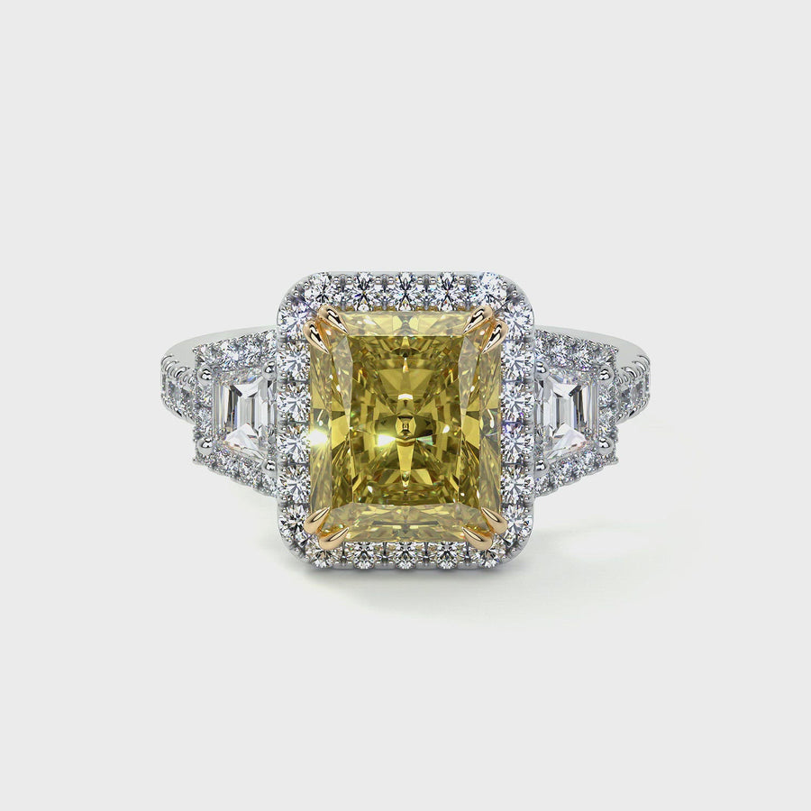 Radiant Fancy Yellow Diamond Ring With Halo, 3 CT