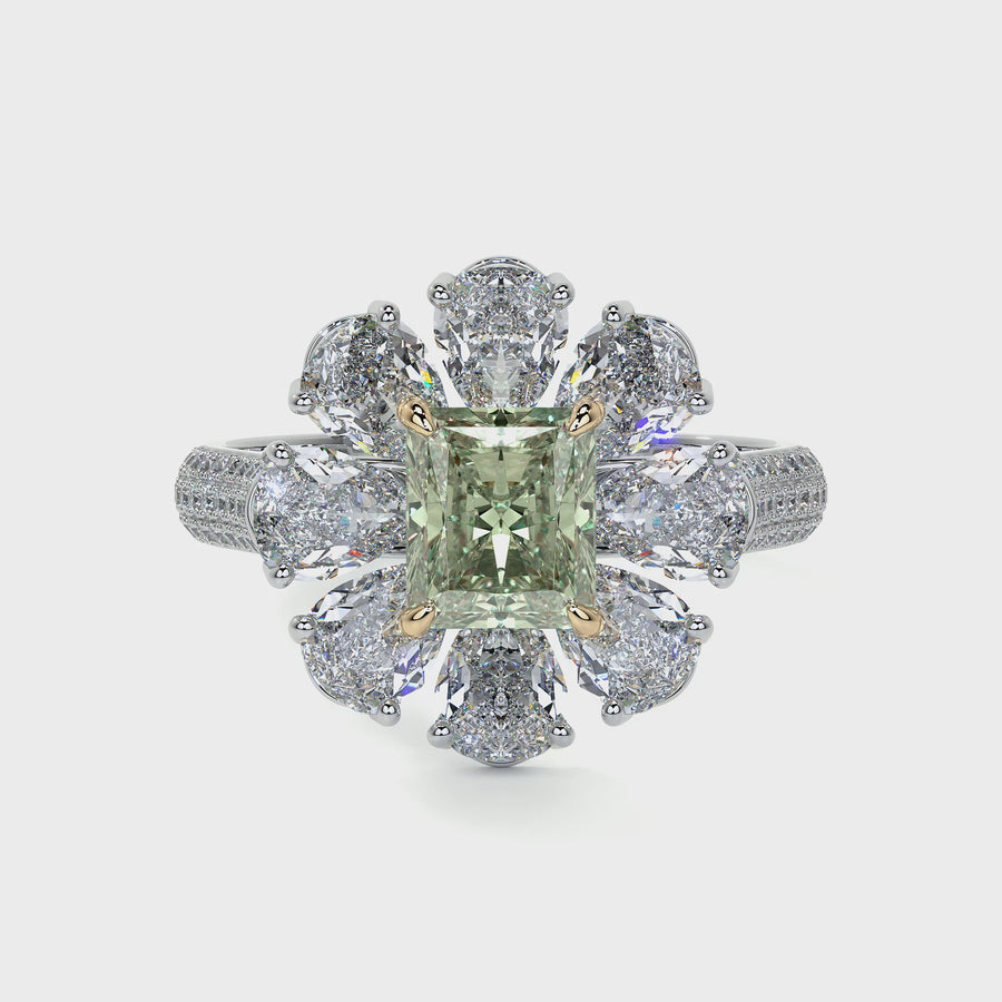 Green Radiant Cluster Diamond Flower Ring