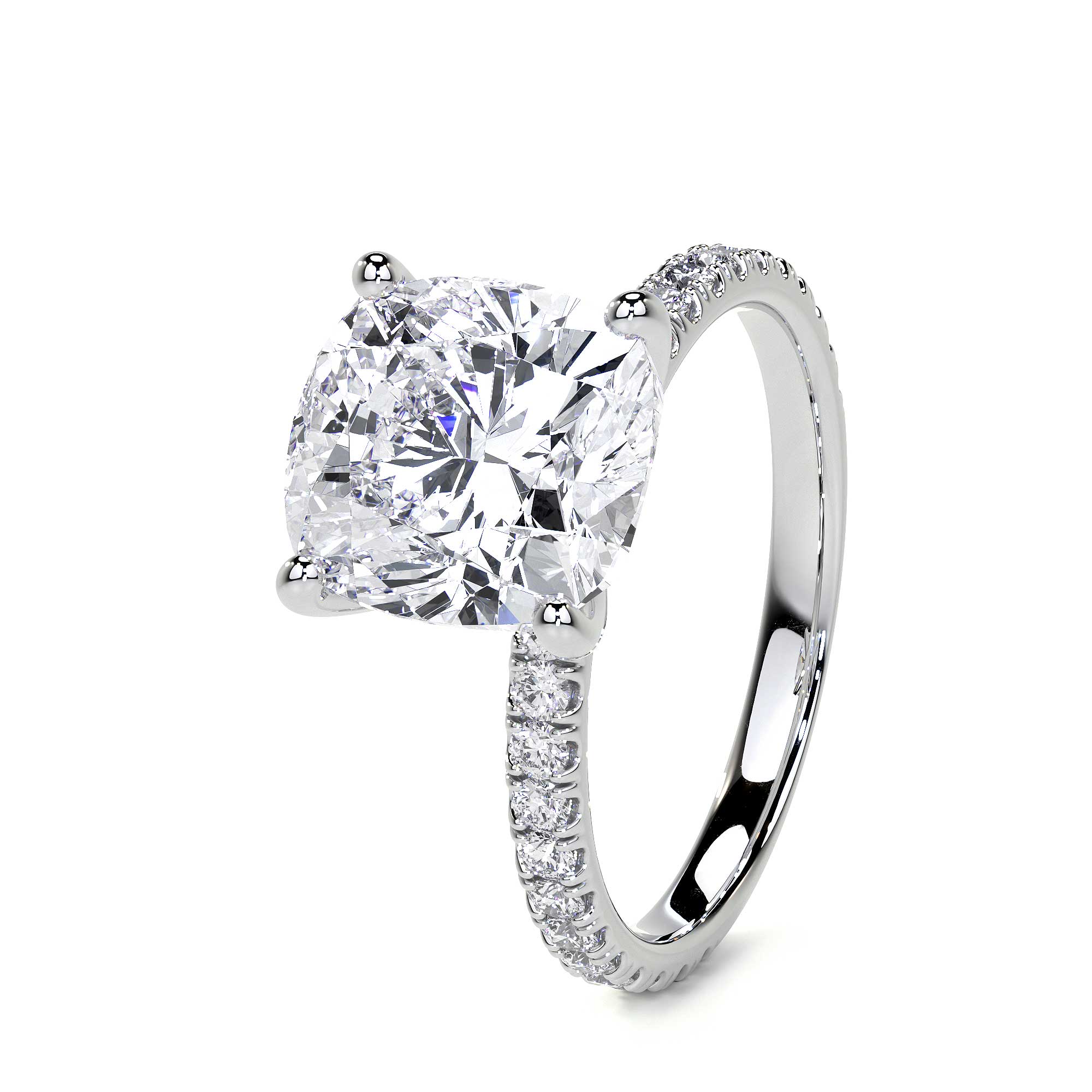 Three-quarter angle of 3 carat cushion cut diamond ring in 18K white gold with continuous pavé shank