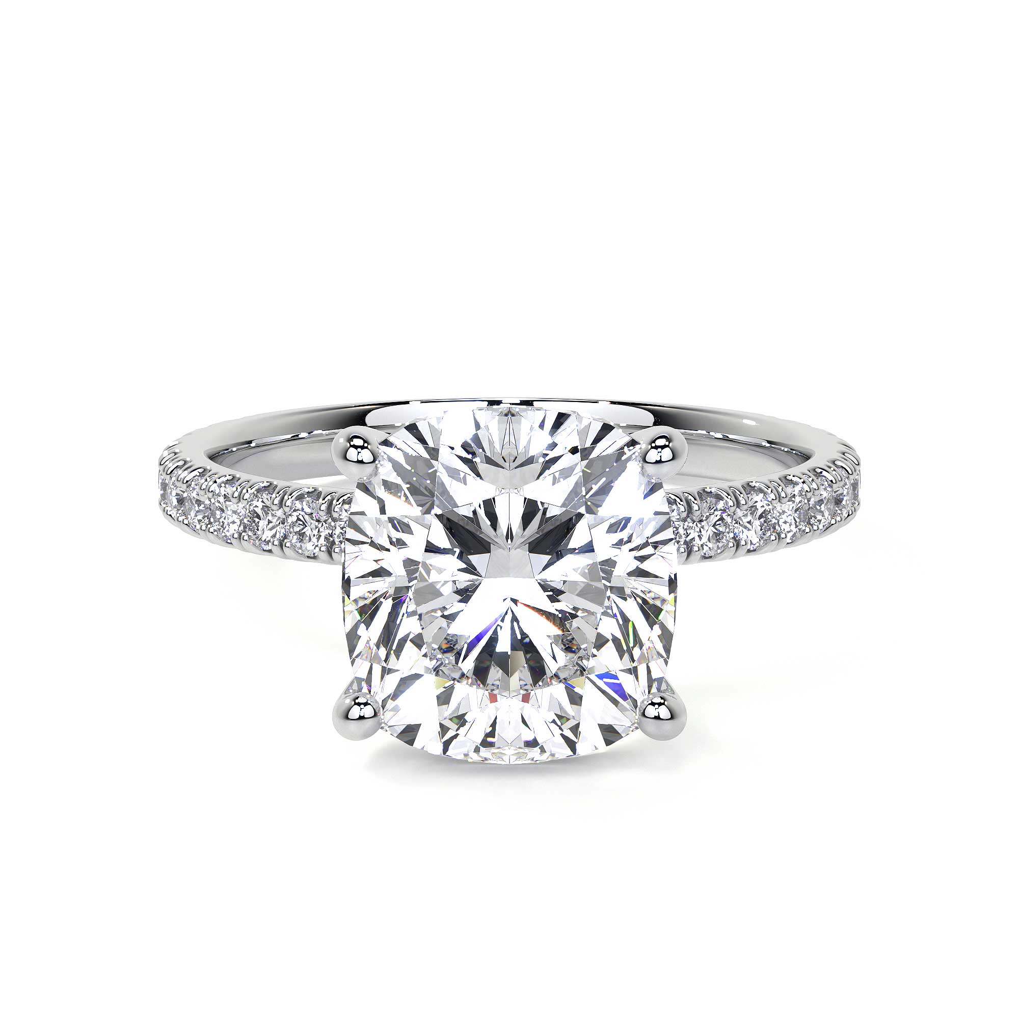 Direct frontal view of 3.22 CT cushion cut diamond ring in 18K white gold with dual-side pavé band