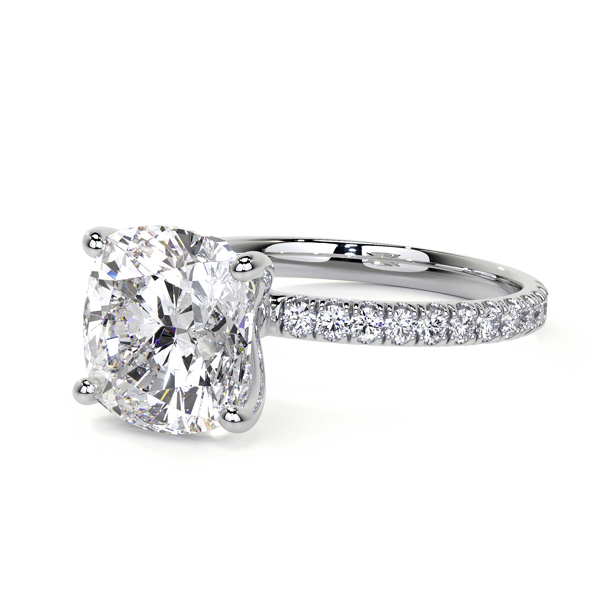 Asymmetric side profile of 18K white gold cushion cut diamond ring with single-sided pavé band detail