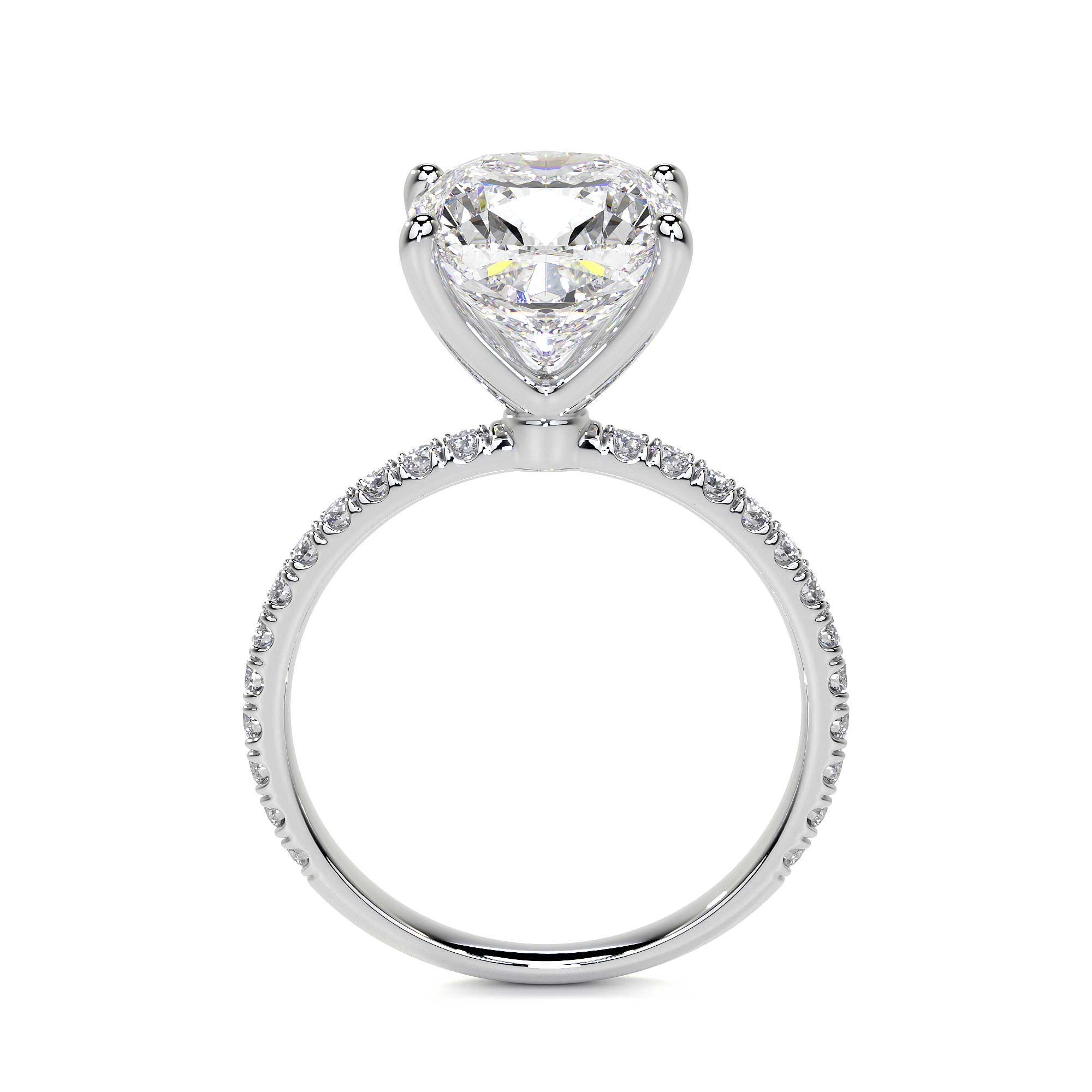 Top-down view of symmetrical 18K white gold cushion cut diamond ring featuring full circle pavé band