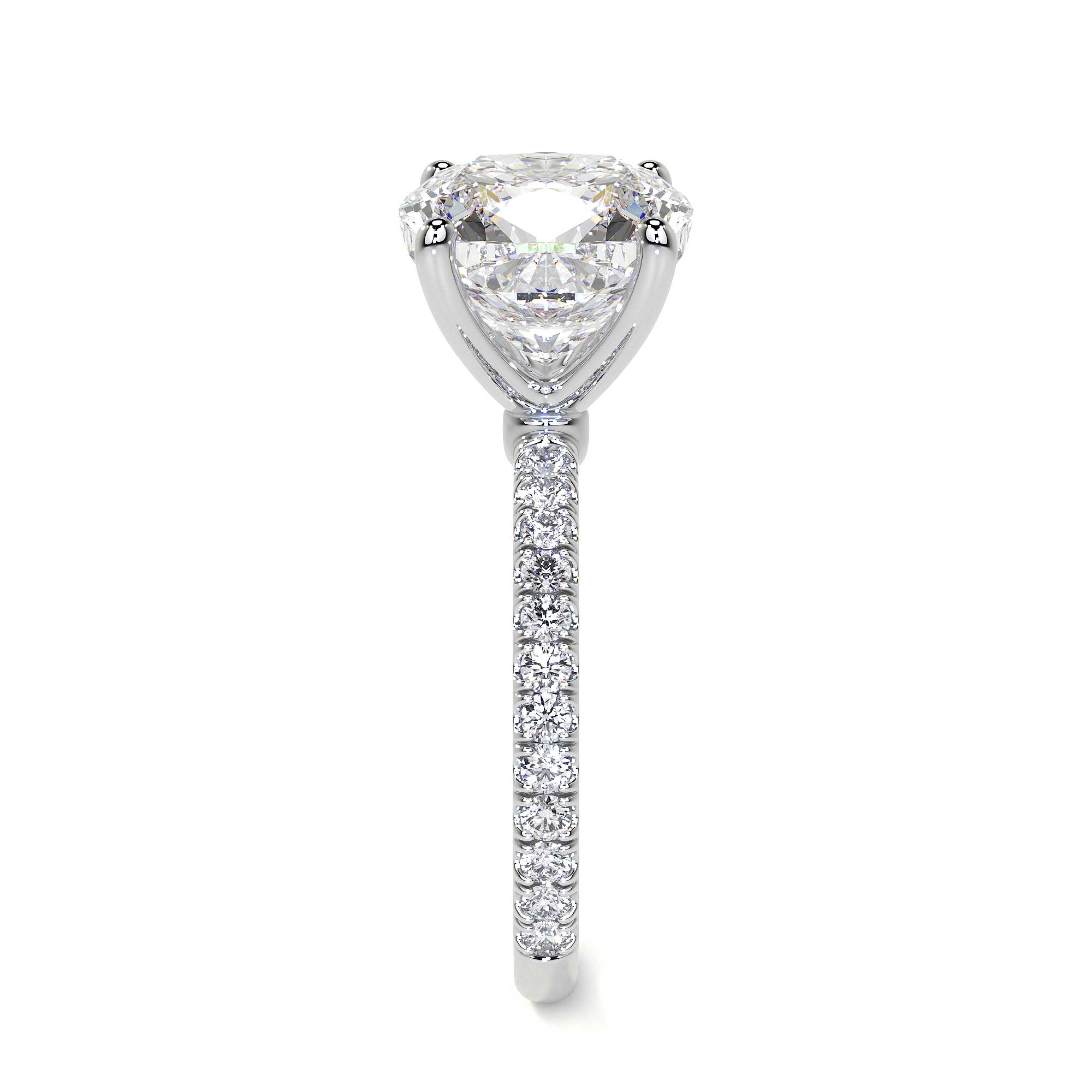 Vertical front view highlighting height of 18K white gold cushion cut diamond ring with full pavé shank