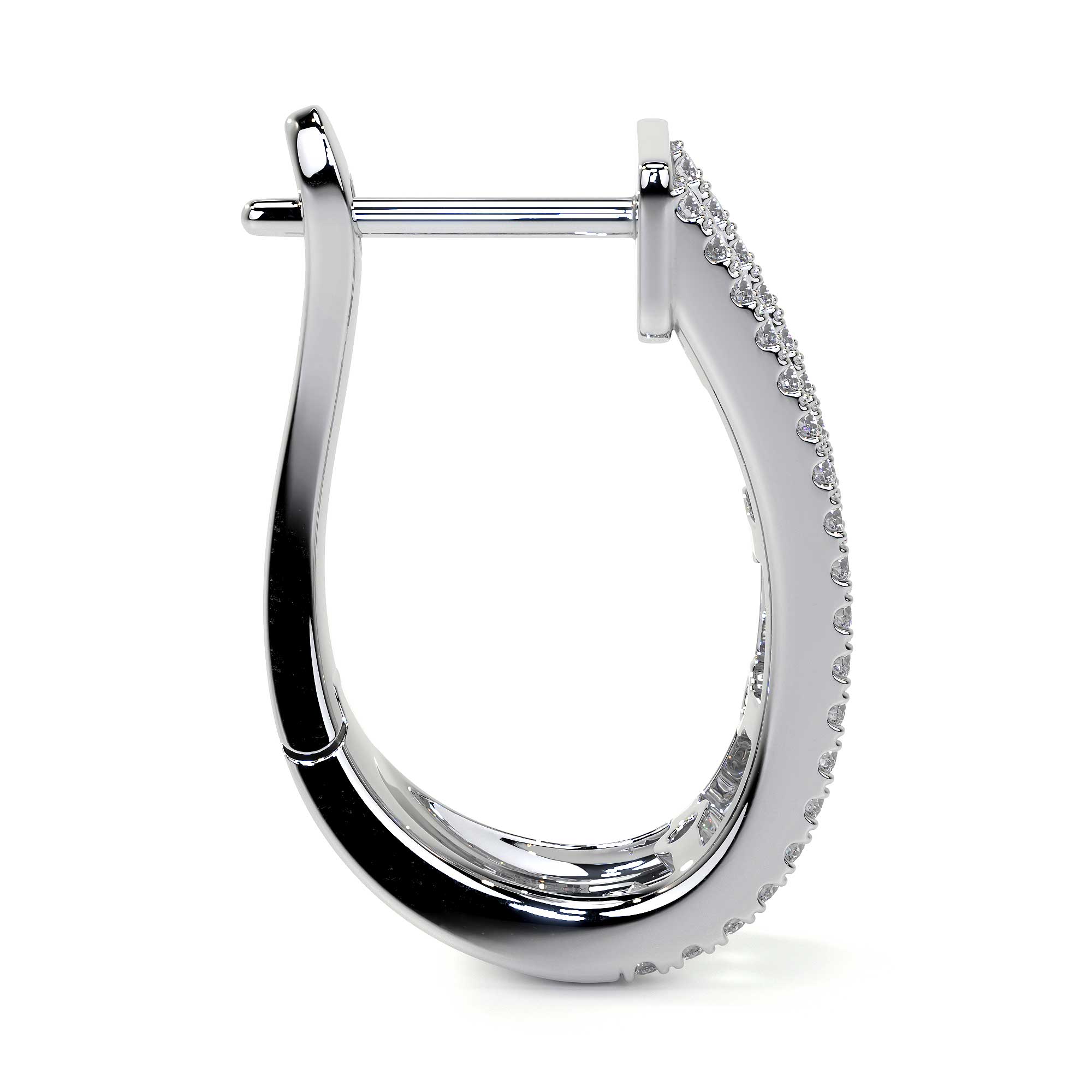 Leviev U-shaped huggie hoop earring with micro-pavé diamond border and visible hinge mechanism