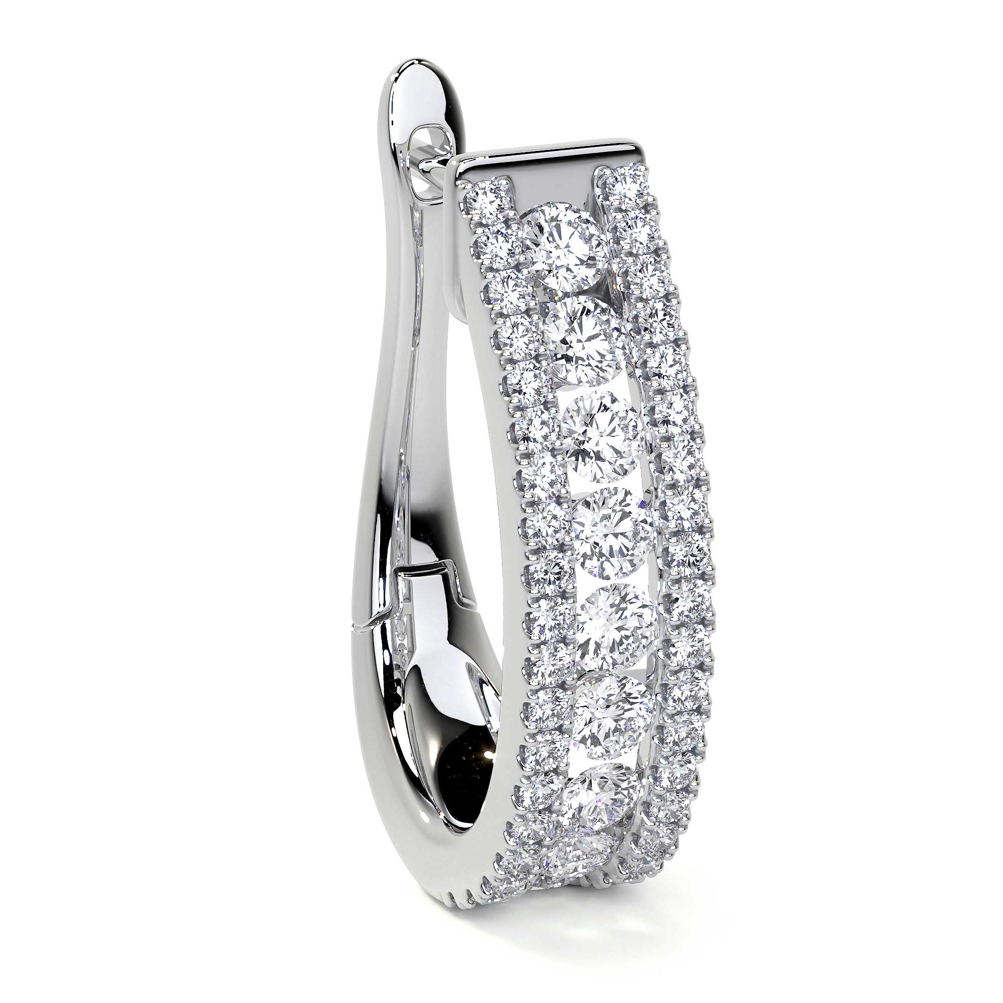 Leviev double-row diamond huggie hoop earring showing central column of stones flanked by pavé set diamonds