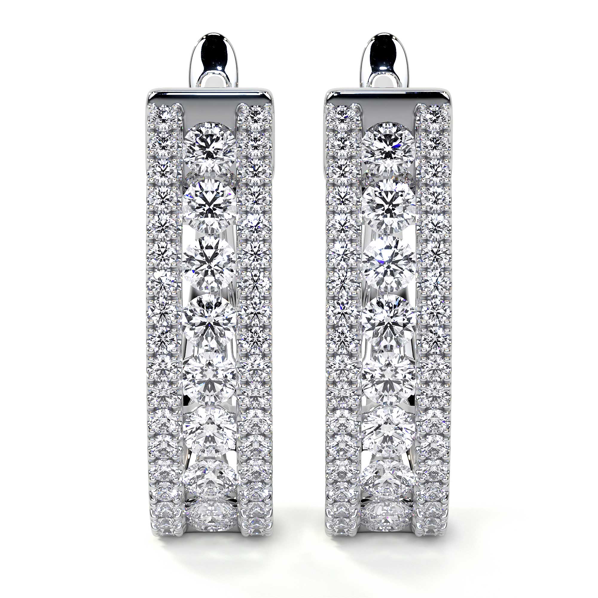 Pair of Leviev 18K white gold huggie hoops featuring vertical seven-stone diamond layout with butterfly backs