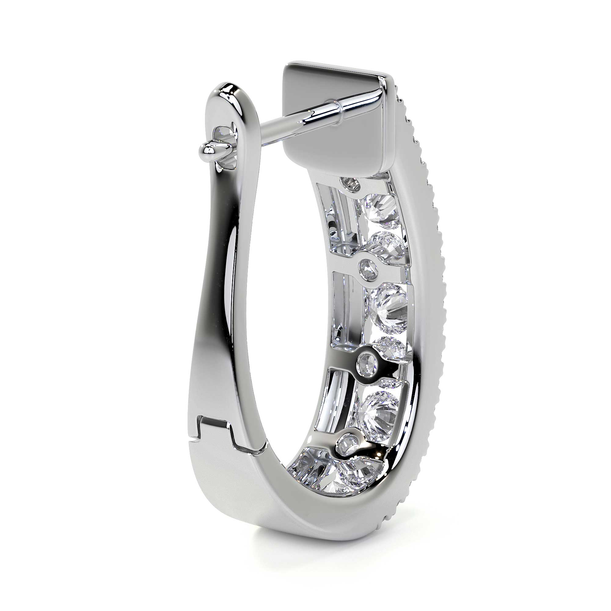 Leviev 18K white gold huggie hoop earring side profile with channel-set diamond cluster and hinge closure