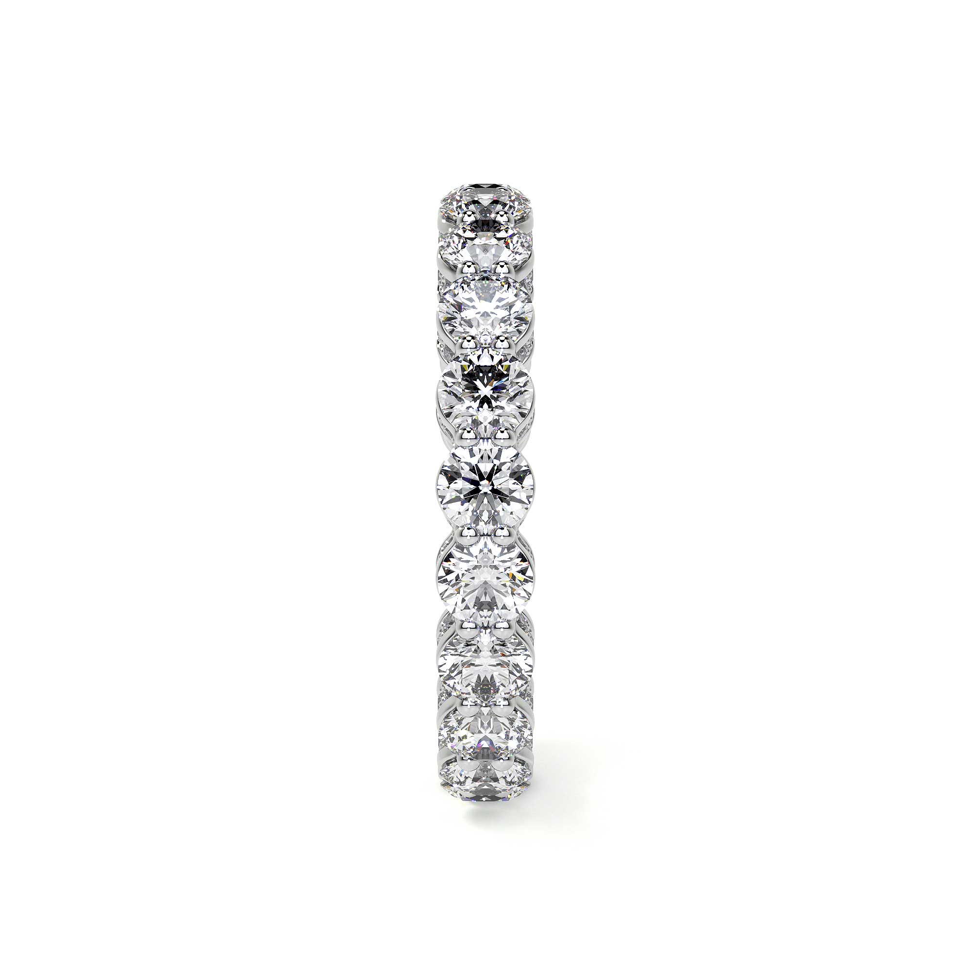 Leviev 18K white gold diamond eternity band side profile with prong-set round brilliant stones