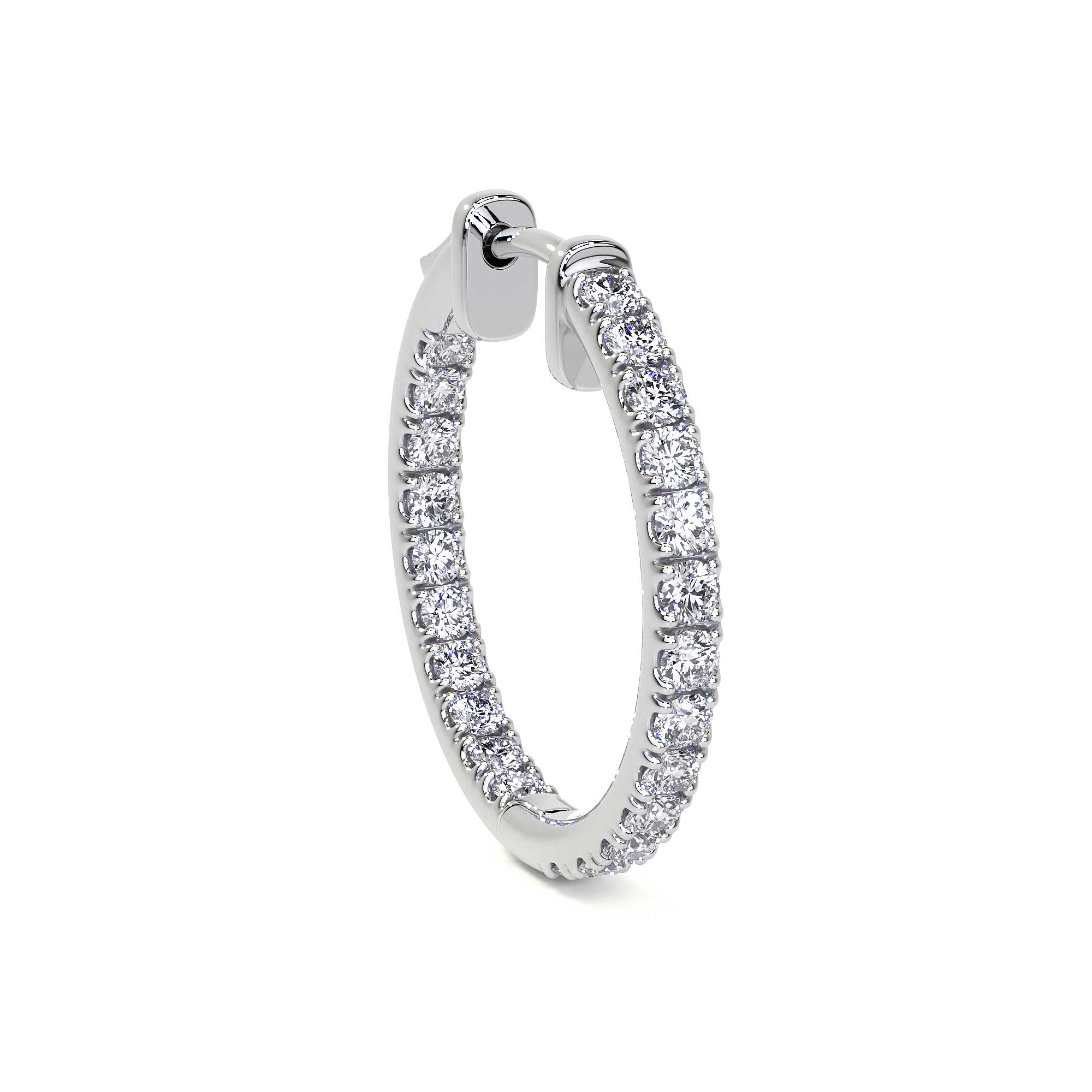 Leviev medium diamond hoop earrings side view showing channel-set natural diamonds on 18K white gold with hinged closure