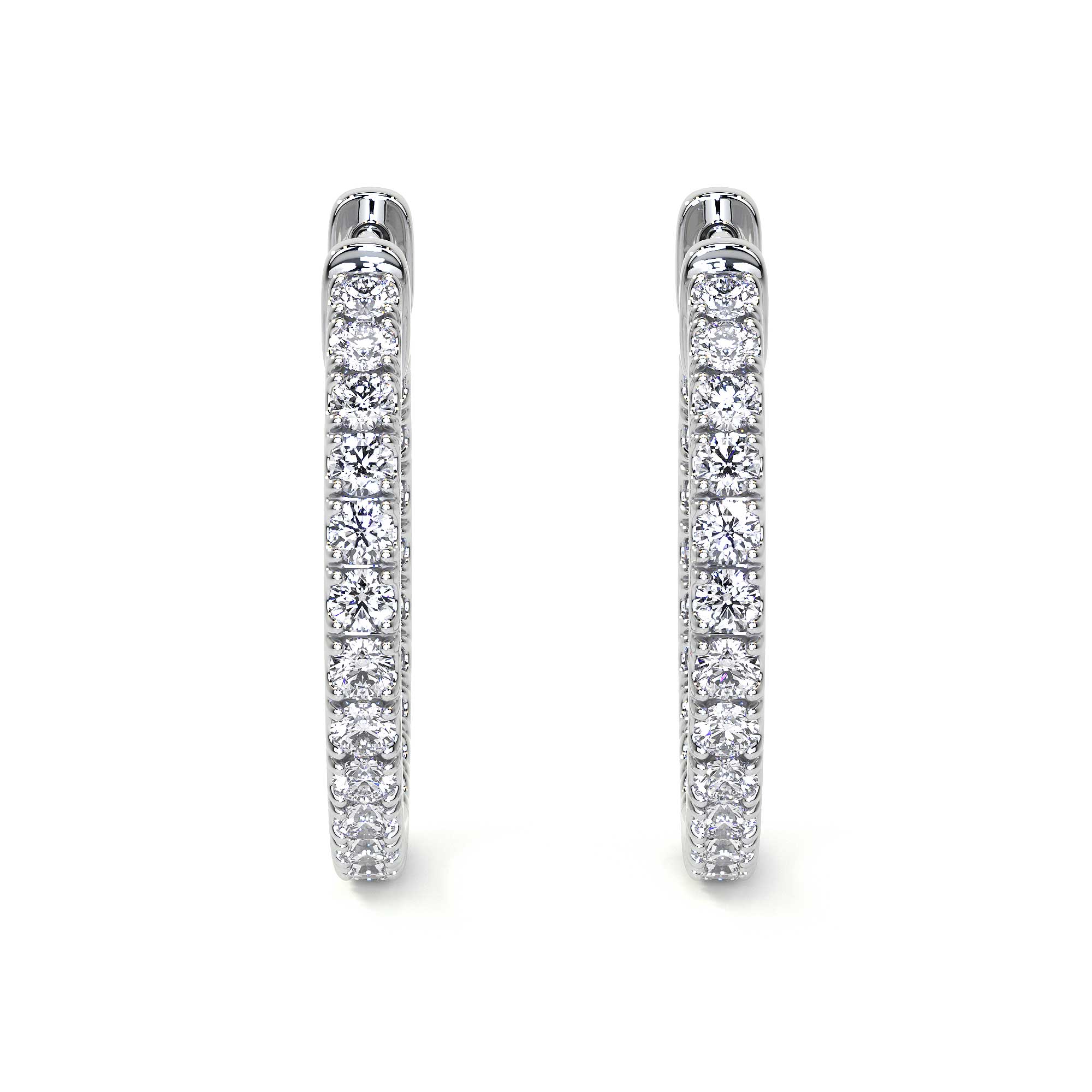Pair of Leviev medium diamond hoop earrings front view displaying continuous row of G-H VS clarity diamonds in 18K white gold