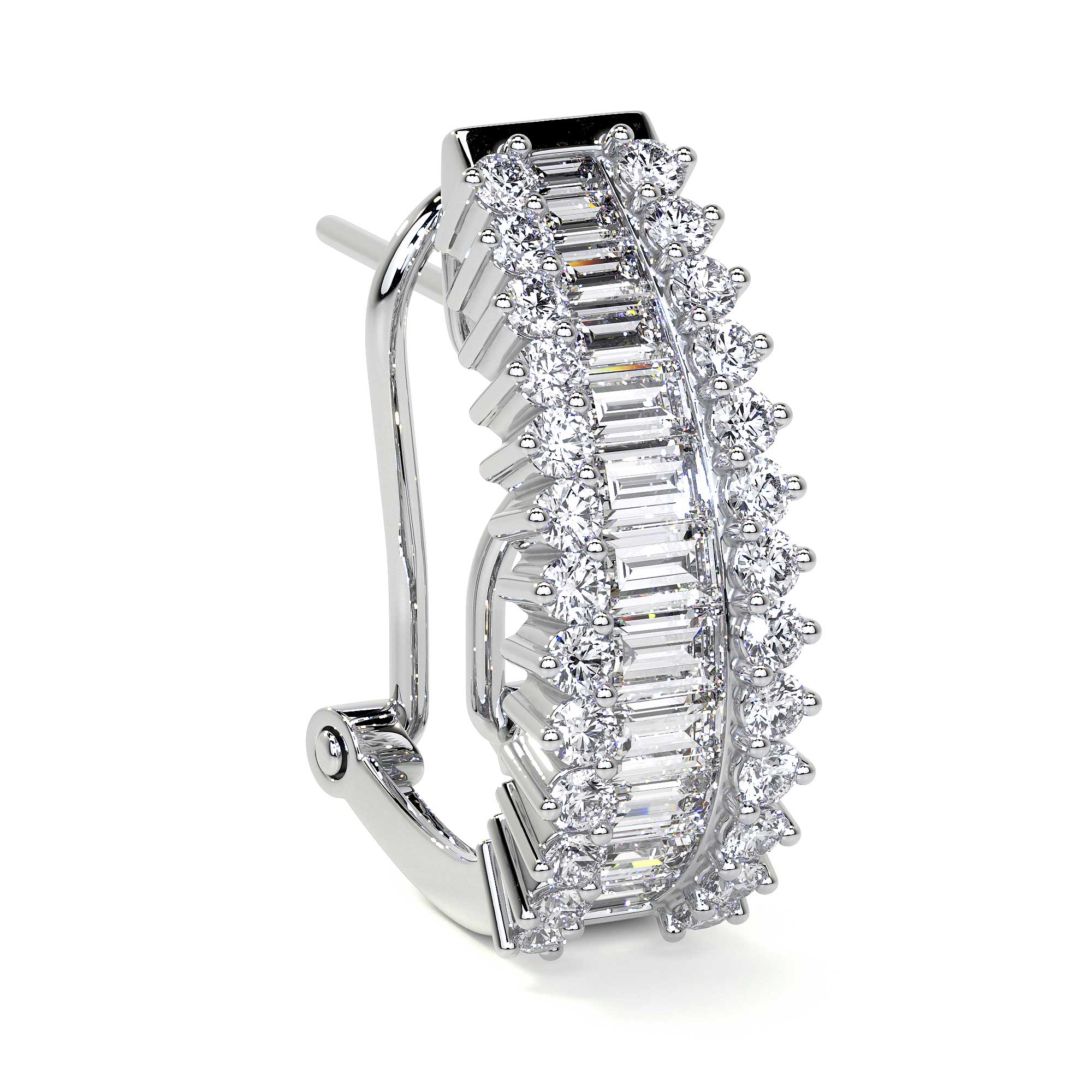 18K white gold diamond huggie earring side profile with baguette and round brilliant cut stones