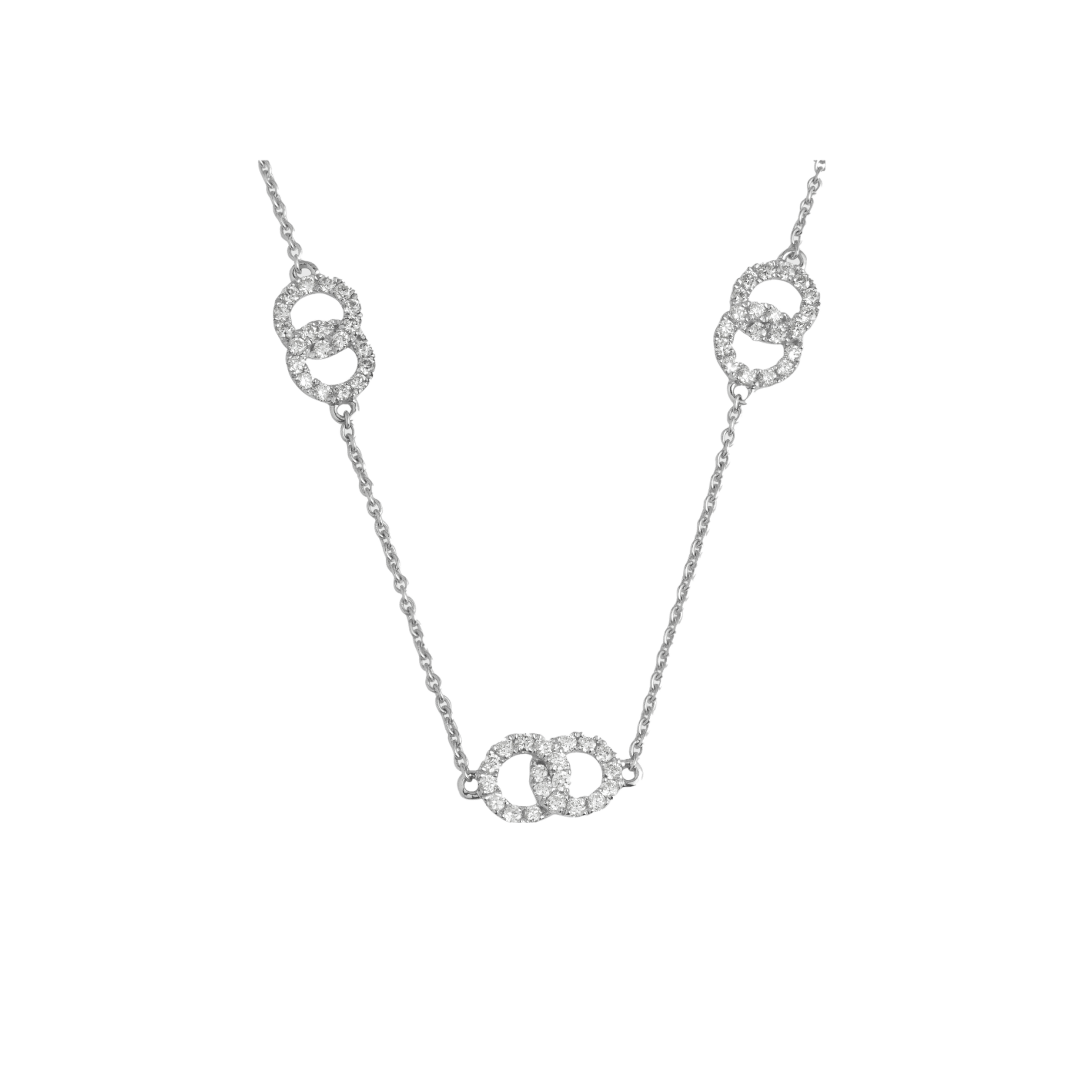 Leviev 18K white gold diamond pave interlocking ring necklace close-up