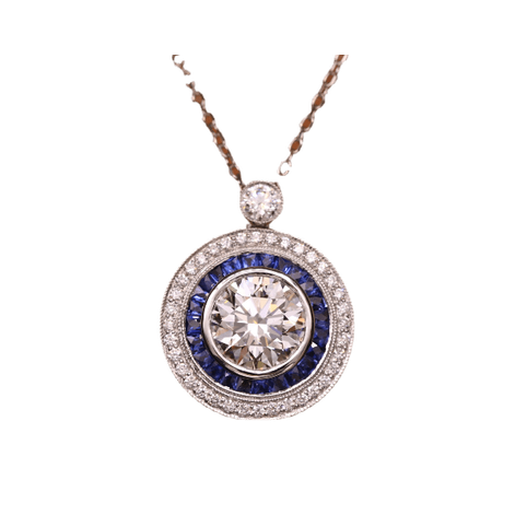 Leviev 18K white gold diamond sapphire pendant with royal blue sapphire halo and round diamond accent on chain