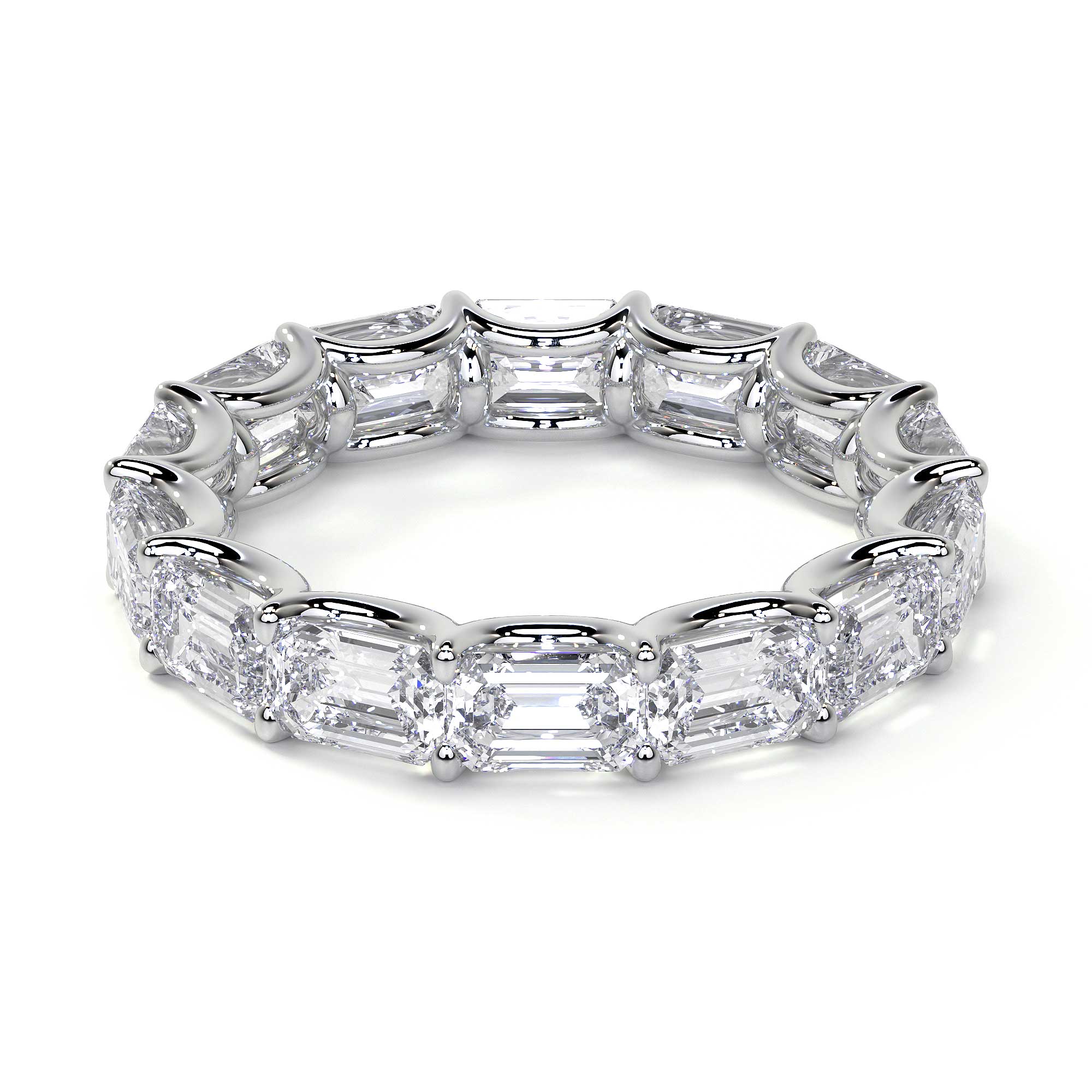 Top-down view of Leviev platinum east to west emerald cut diamond eternity band