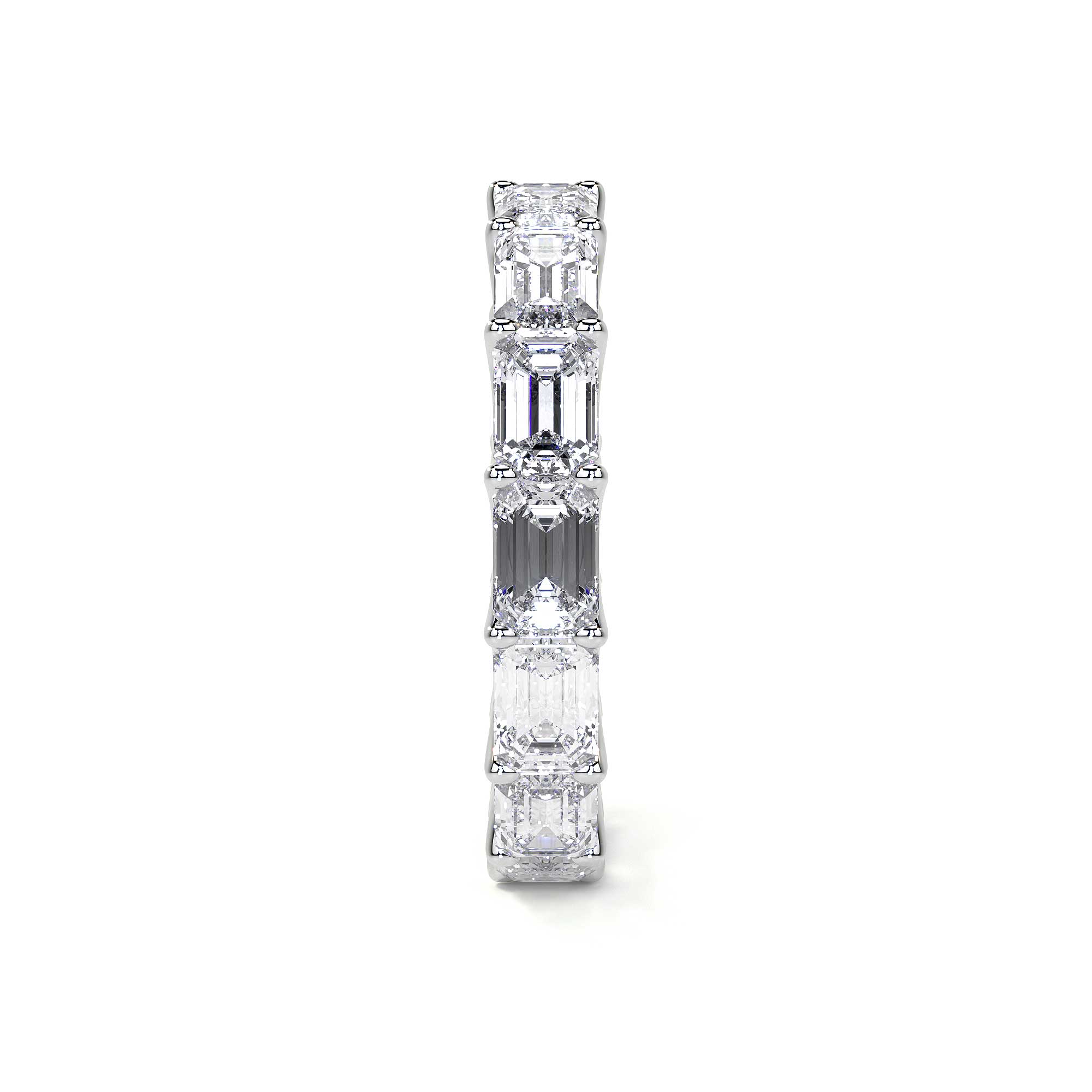 Profile view of Leviev platinum ring with stacked emerald cut diamonds