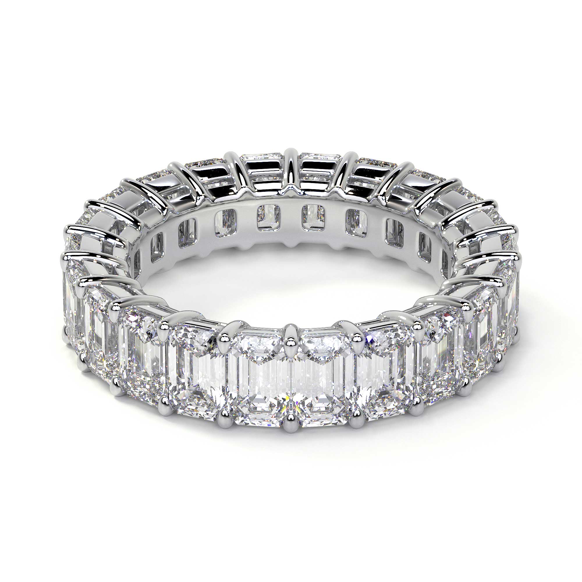 Side profile of platinum emerald cut diamond eternity band setting height