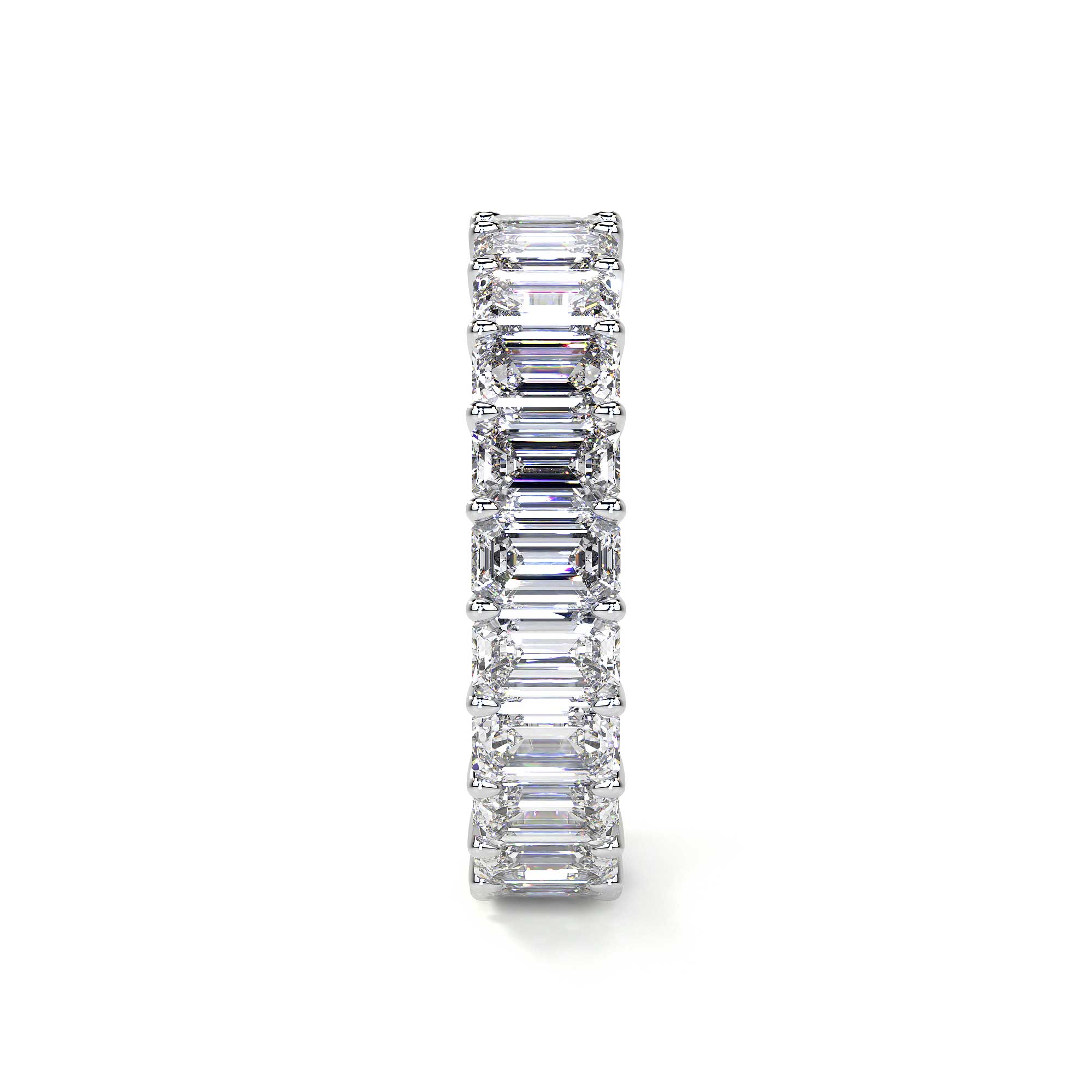 Side view of aligned emerald cut diamonds on platinum eternity band