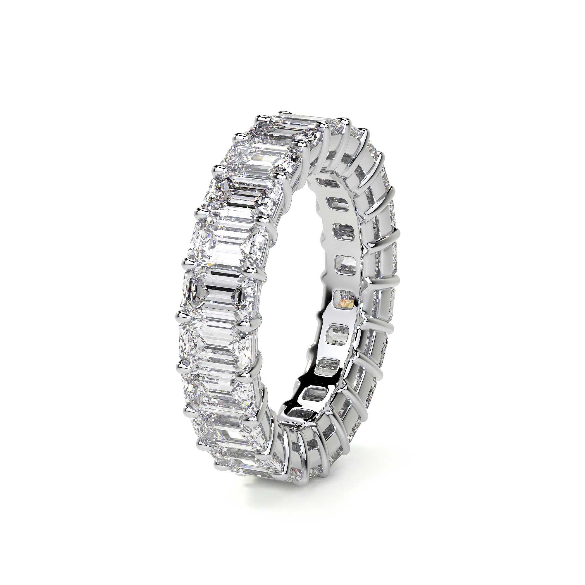 Full circumference view of platinum emerald cut diamond eternity band