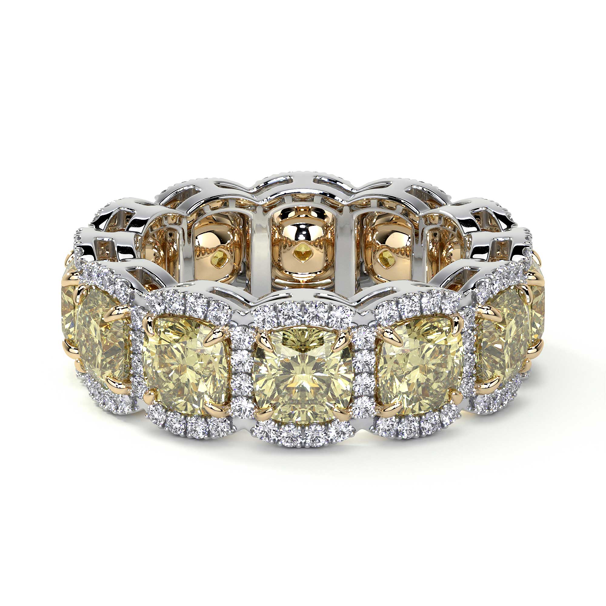 Side view of Leviev yellow diamond eternity ring showing white and yellow gold details