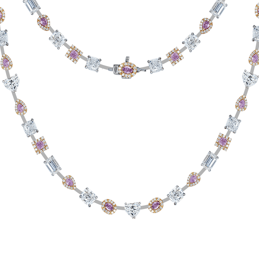 Close-up of Leviev Orion Nebula clasp featuring oval pink diamond halo in white gold