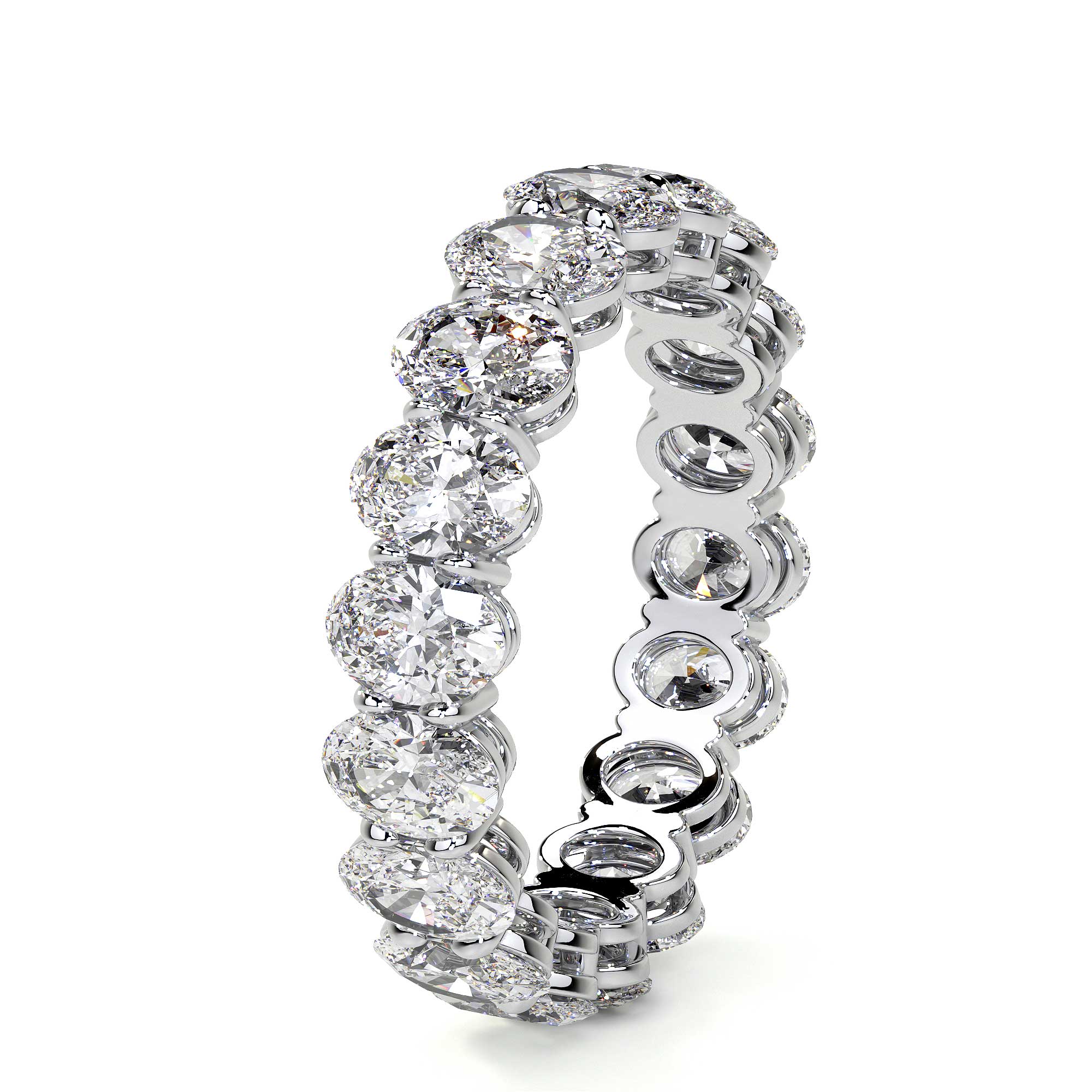 Side view of Leviev platinum oval diamond eternity band with scalloped metal shoulders