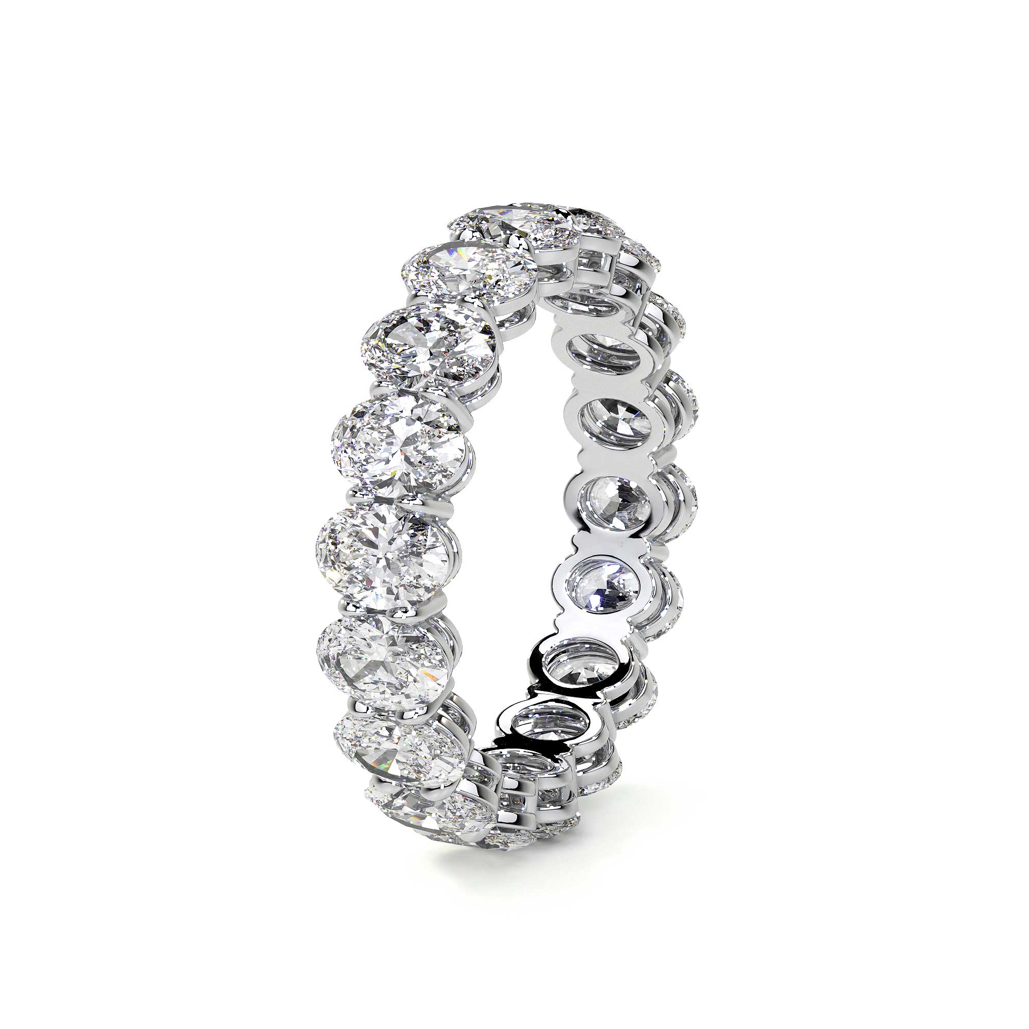 Tilted profile of seamless Leviev platinum oval diamond eternity band showing polished interior