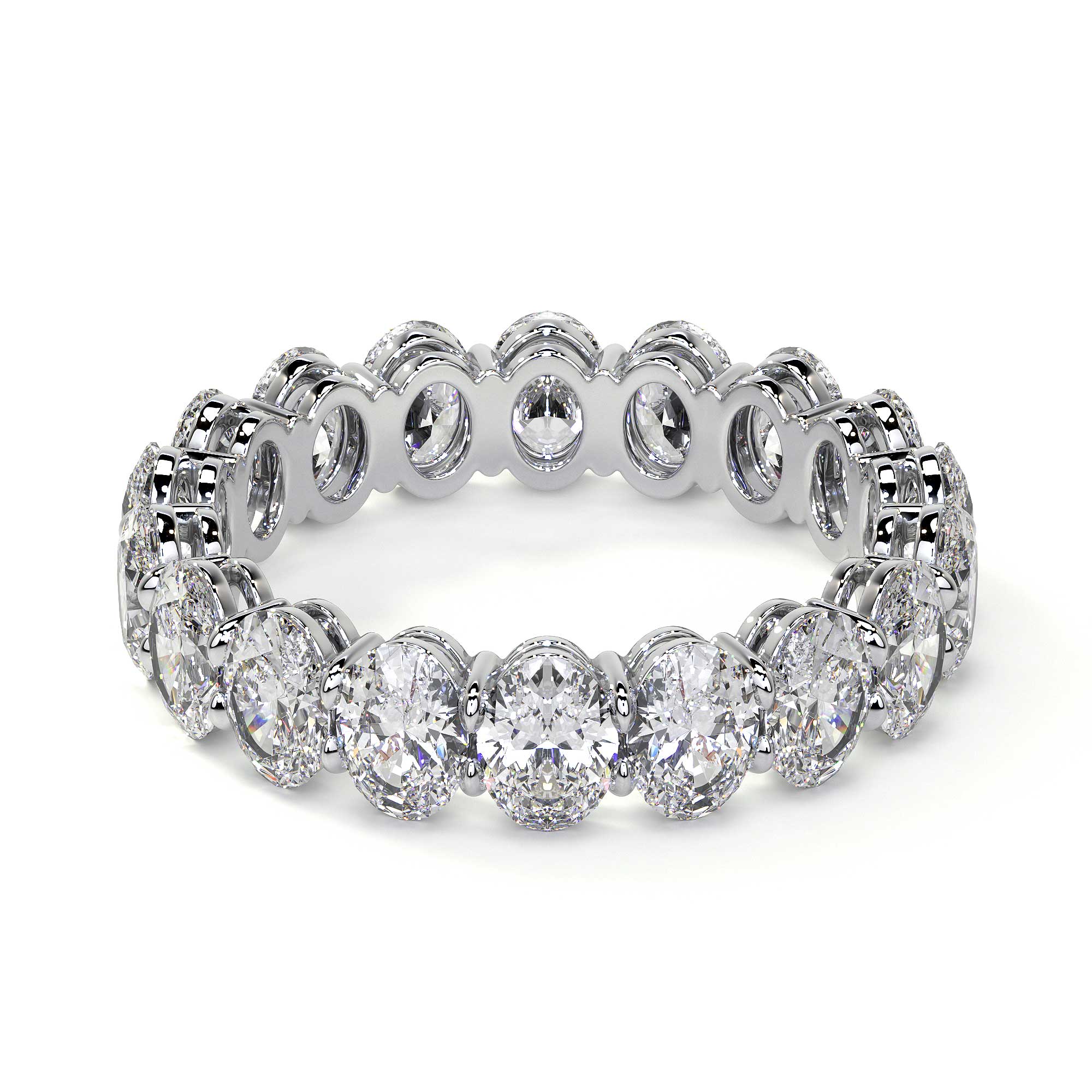 Leviev platinum oval cut diamond eternity band flat lay with bezel and channel settings