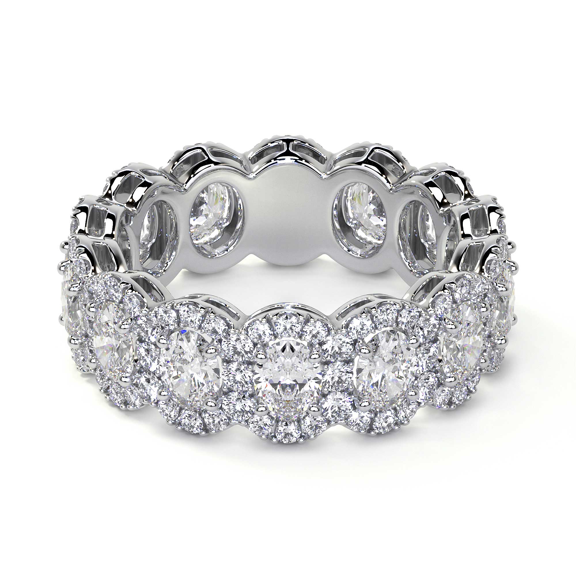 Front view of oval cut diamond eternity band ring with double halo and symmetrical center stones in 18K white gold