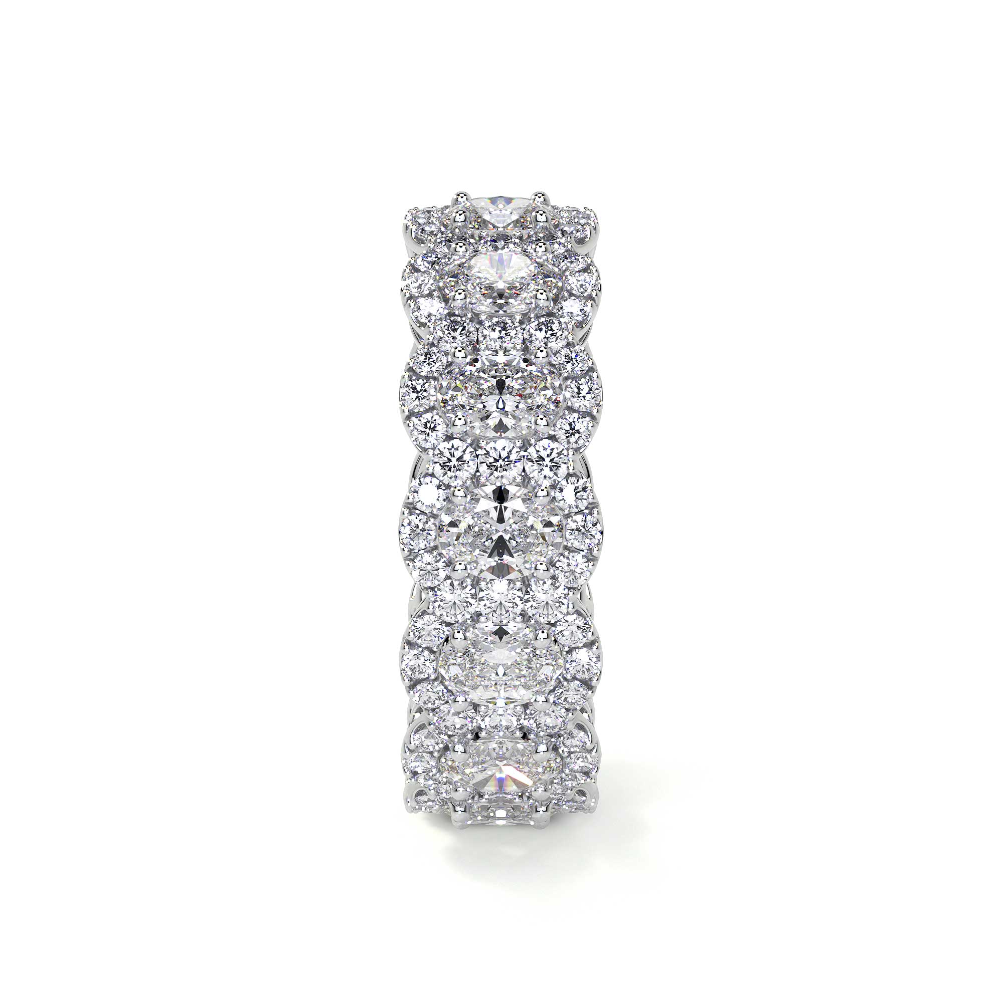 Oval cut diamond eternity band ring with halo in 18K white gold showing scalloped multi-tiered side profile
