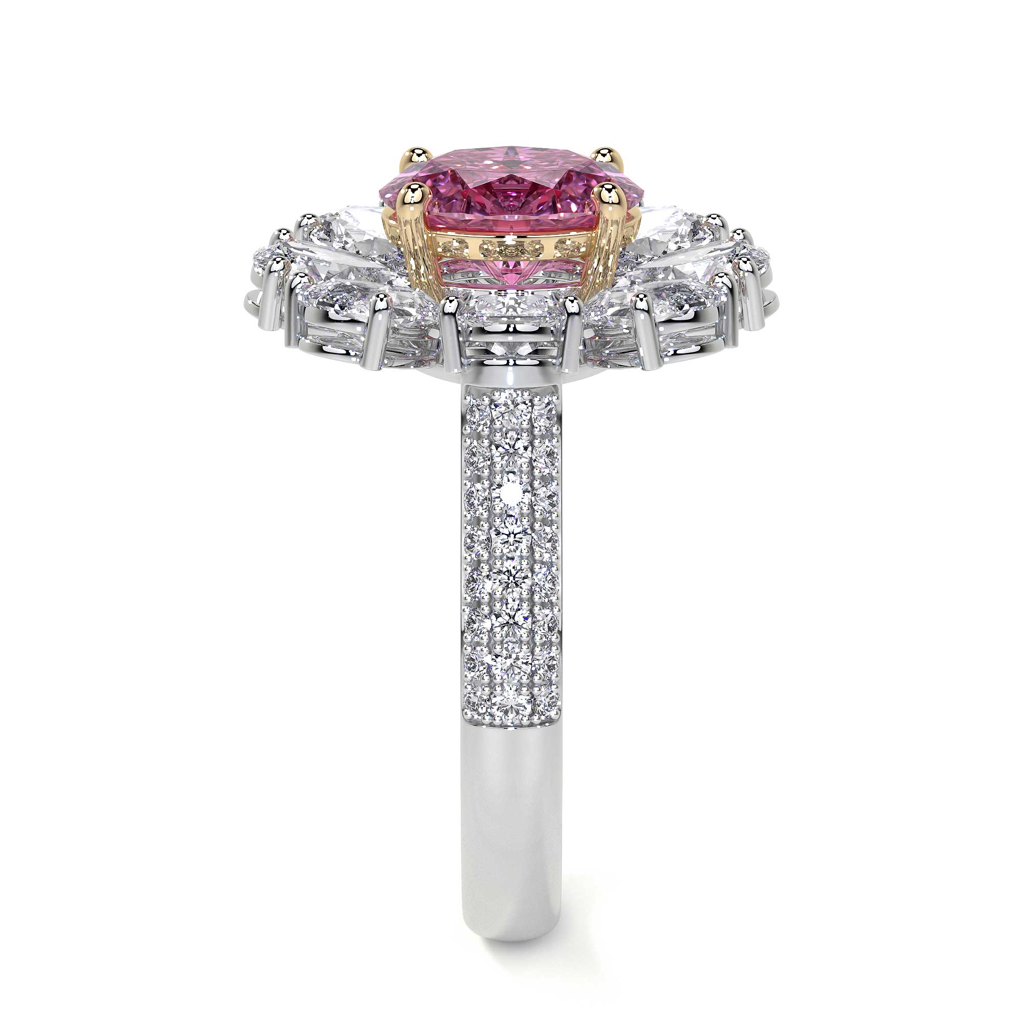 Side view of Leviev pink oval cluster diamond flower ring with white gold band