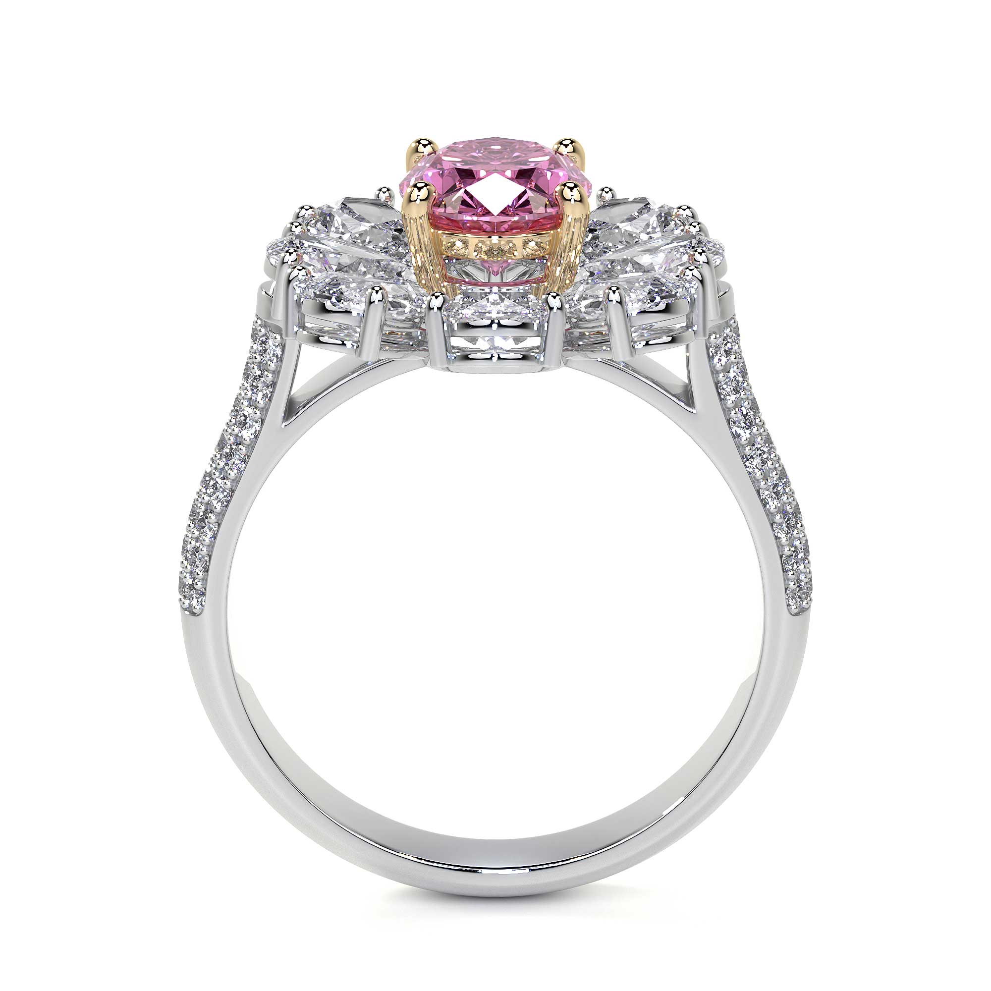 Back view of Leviev pink diamond flower ring with pavé set white gold band