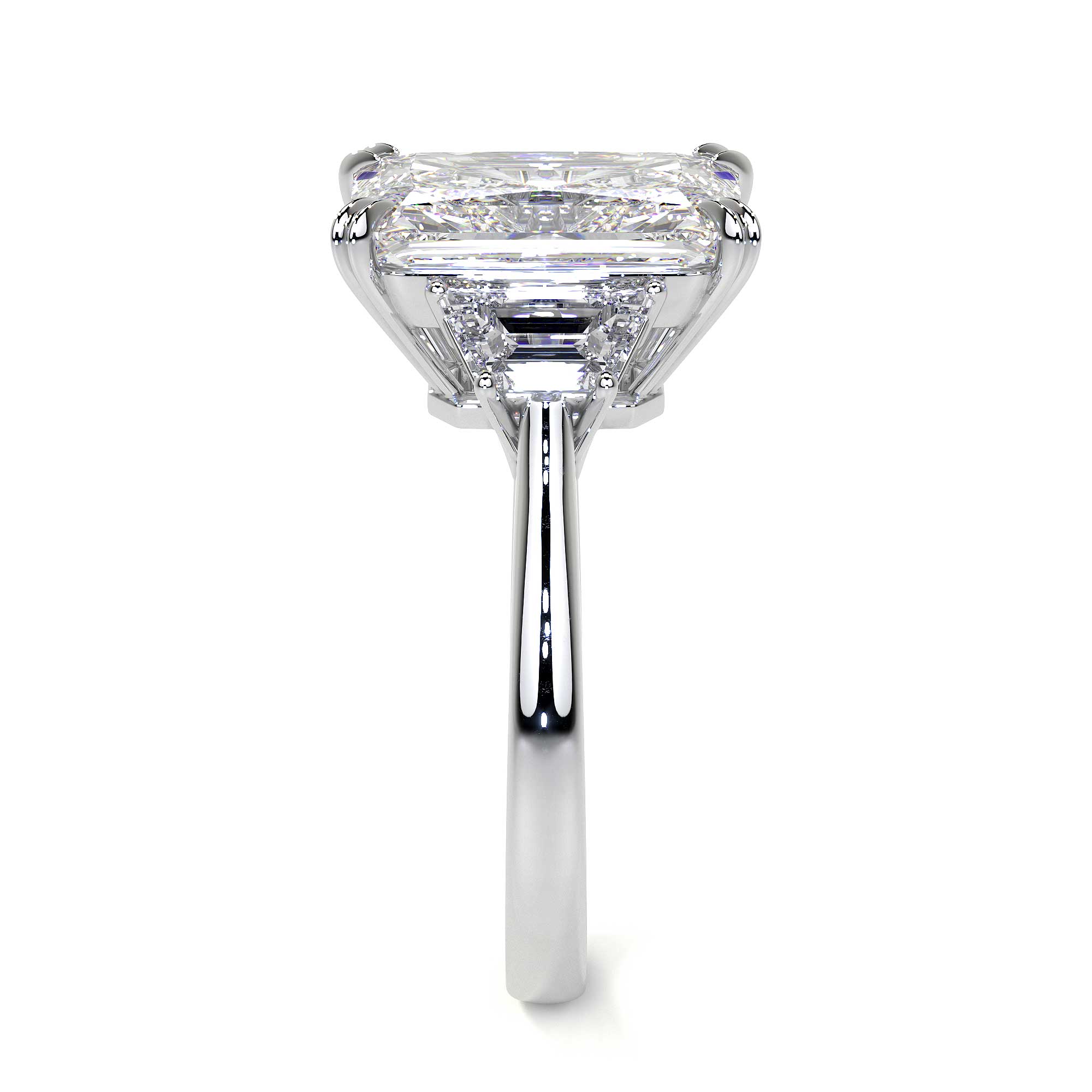 Leviev 18K white gold radiant cut diamond ring side profile with channel-set side stones