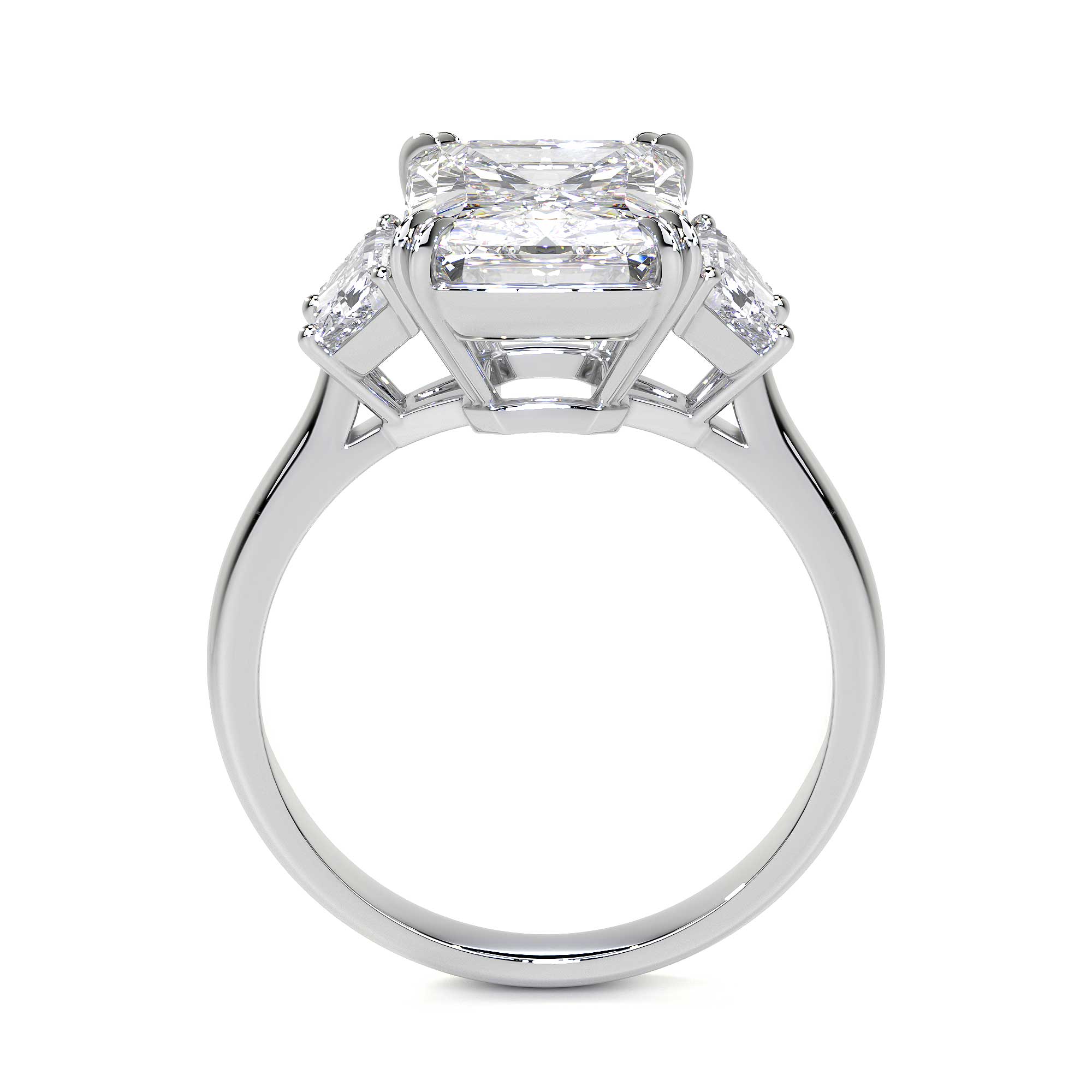 Reverse view of Leviev radiant cut diamond ring displaying polished white gold band