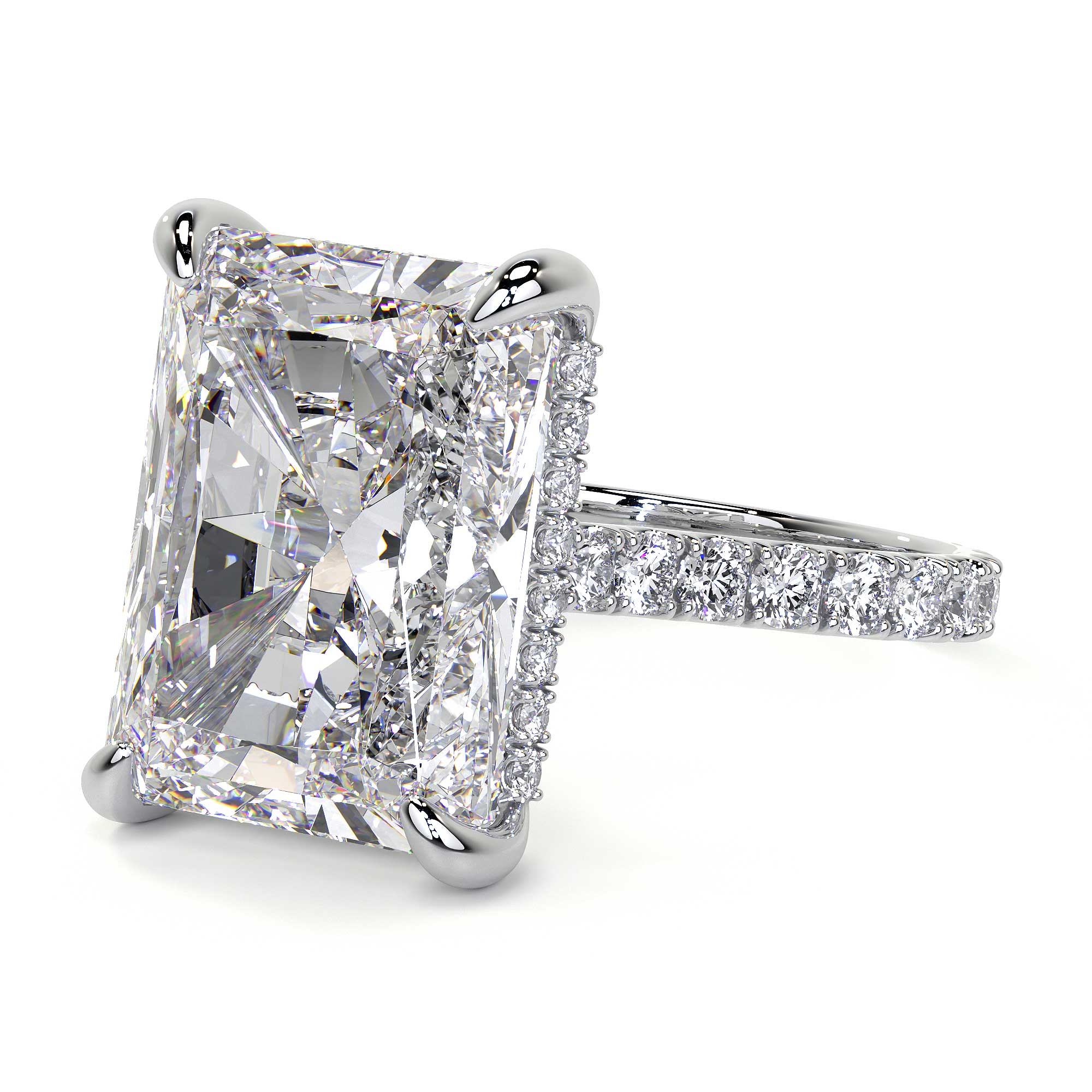 Angled depth view of Leviev platinum ring highlighting large rectangular radiant diamond