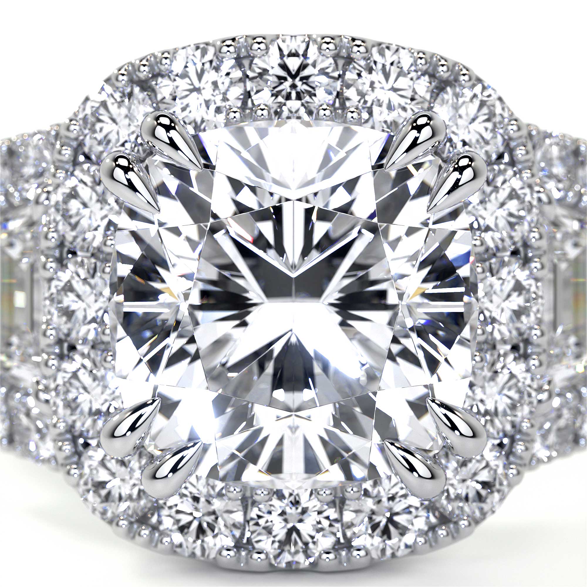 Extreme close-up of 6.17 carat cushion cut diamond ring with pavé halo in 18K white gold