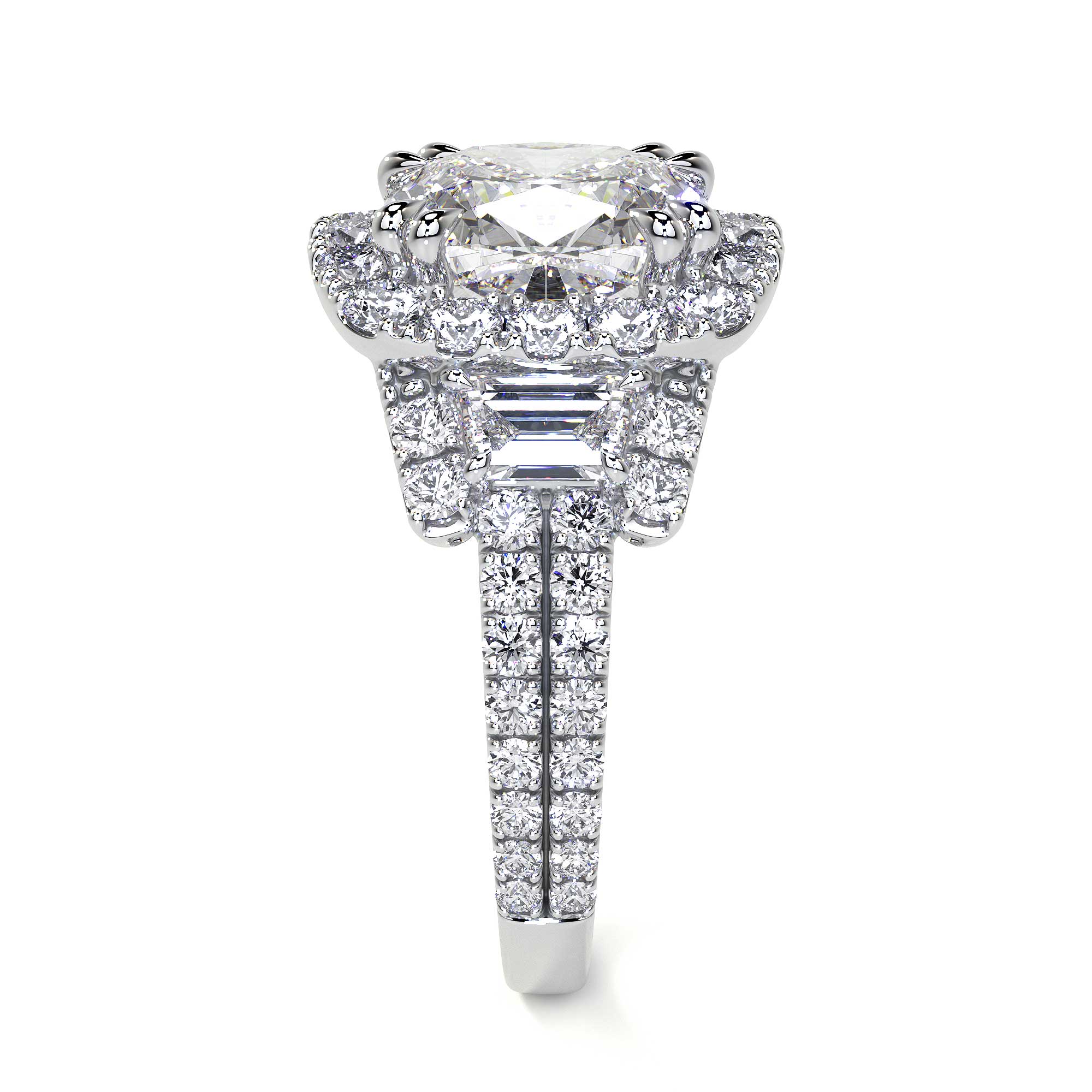 Side profile of 18K white gold ring featuring raised halo, baguette accents, and dual-row diamond shoulders
