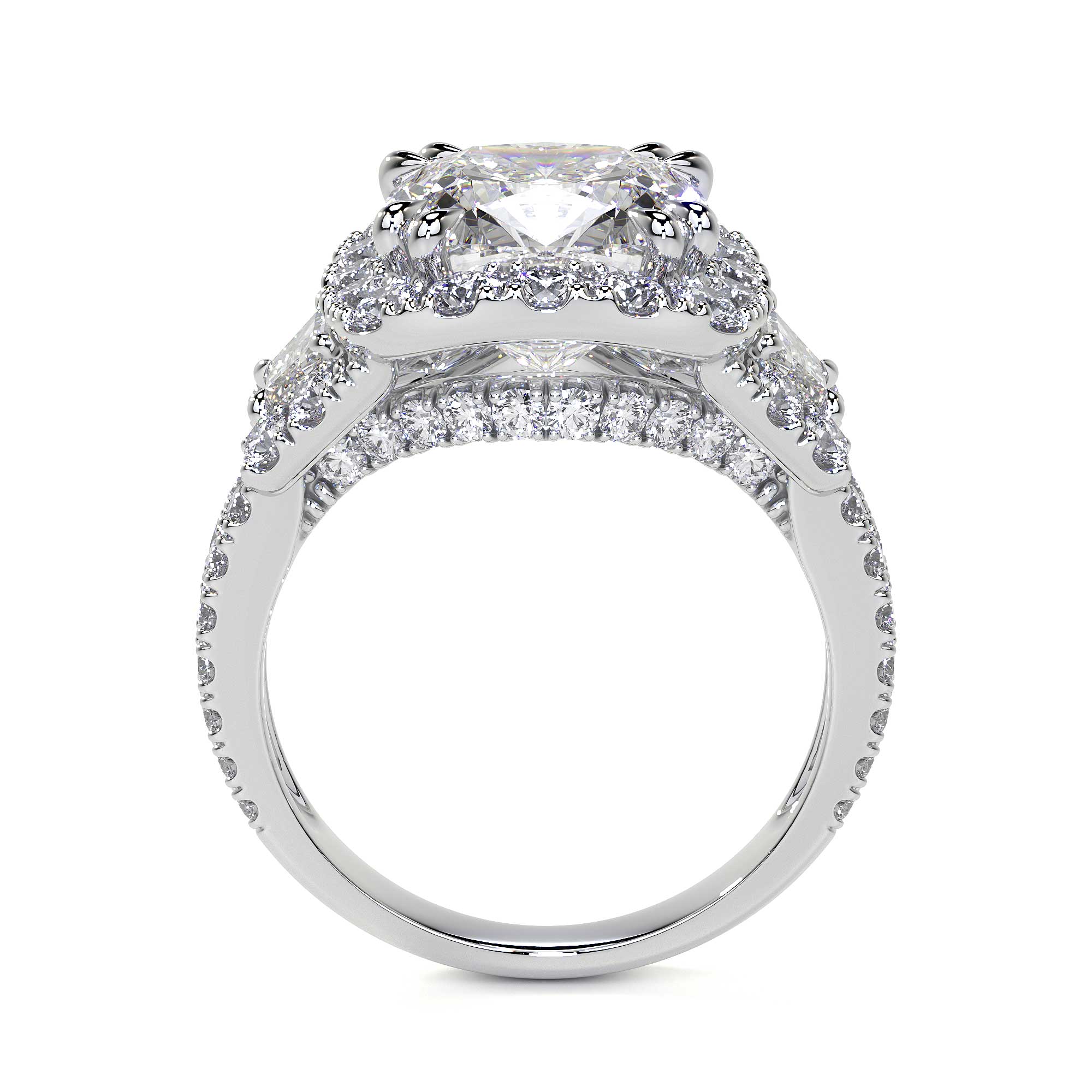 Interior back view of smooth 18K white gold band with continuous row of channel-set round diamonds